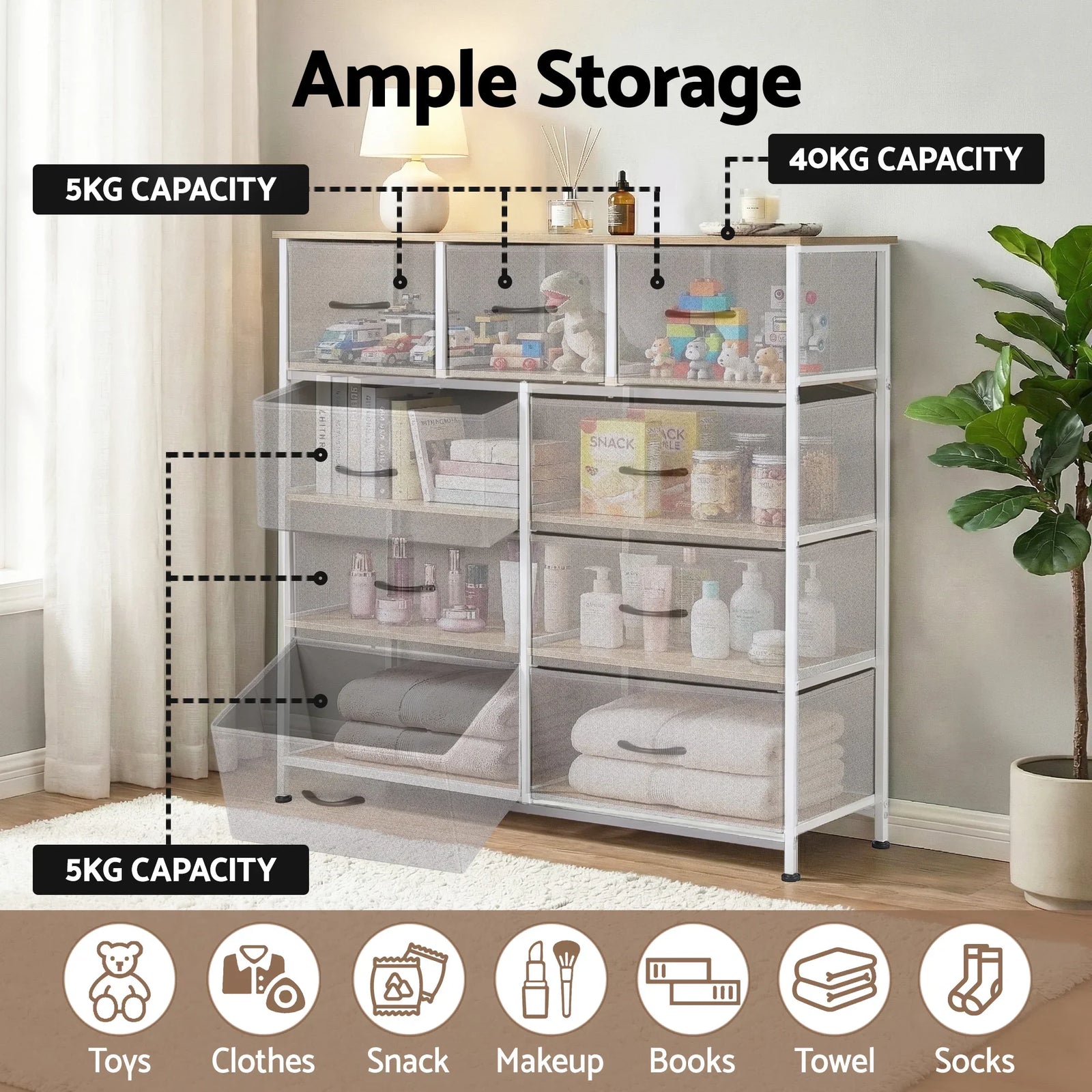 Chest of 9 Drawers Storage Dresser Tallboy Light Grey