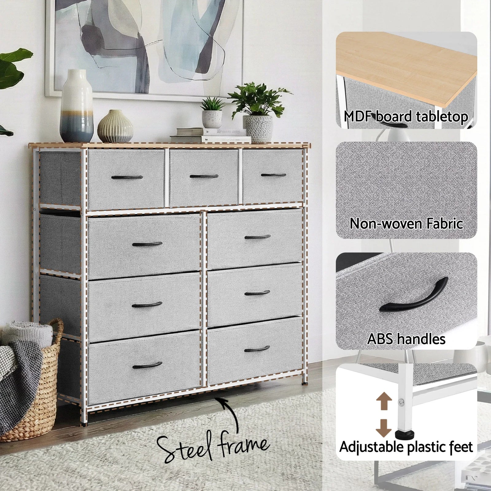 Chest of 9 Drawers Storage Dresser Tallboy Light Grey