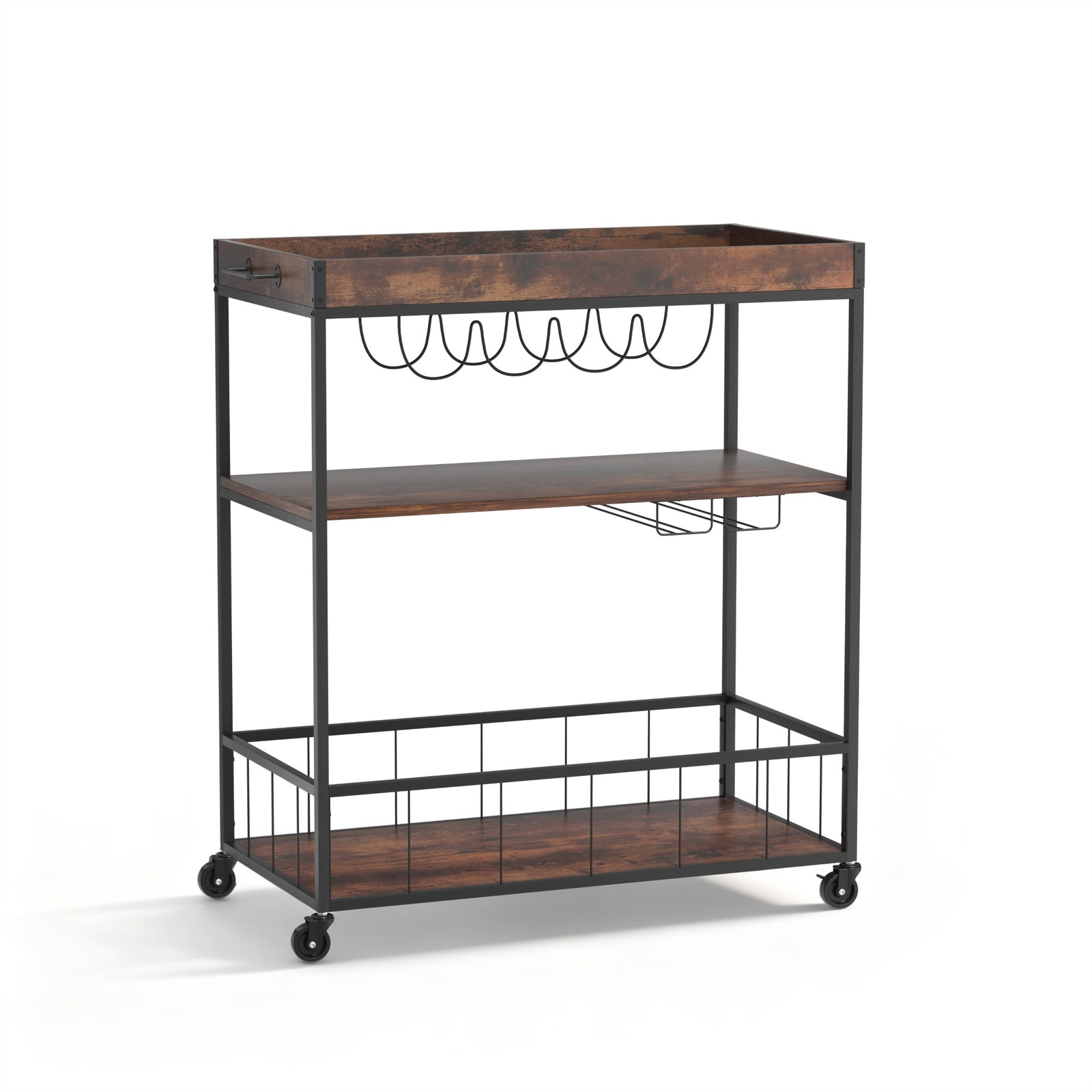Kitchen Island Rolling Serving Cart with Wine Rack & Lockable Wheels