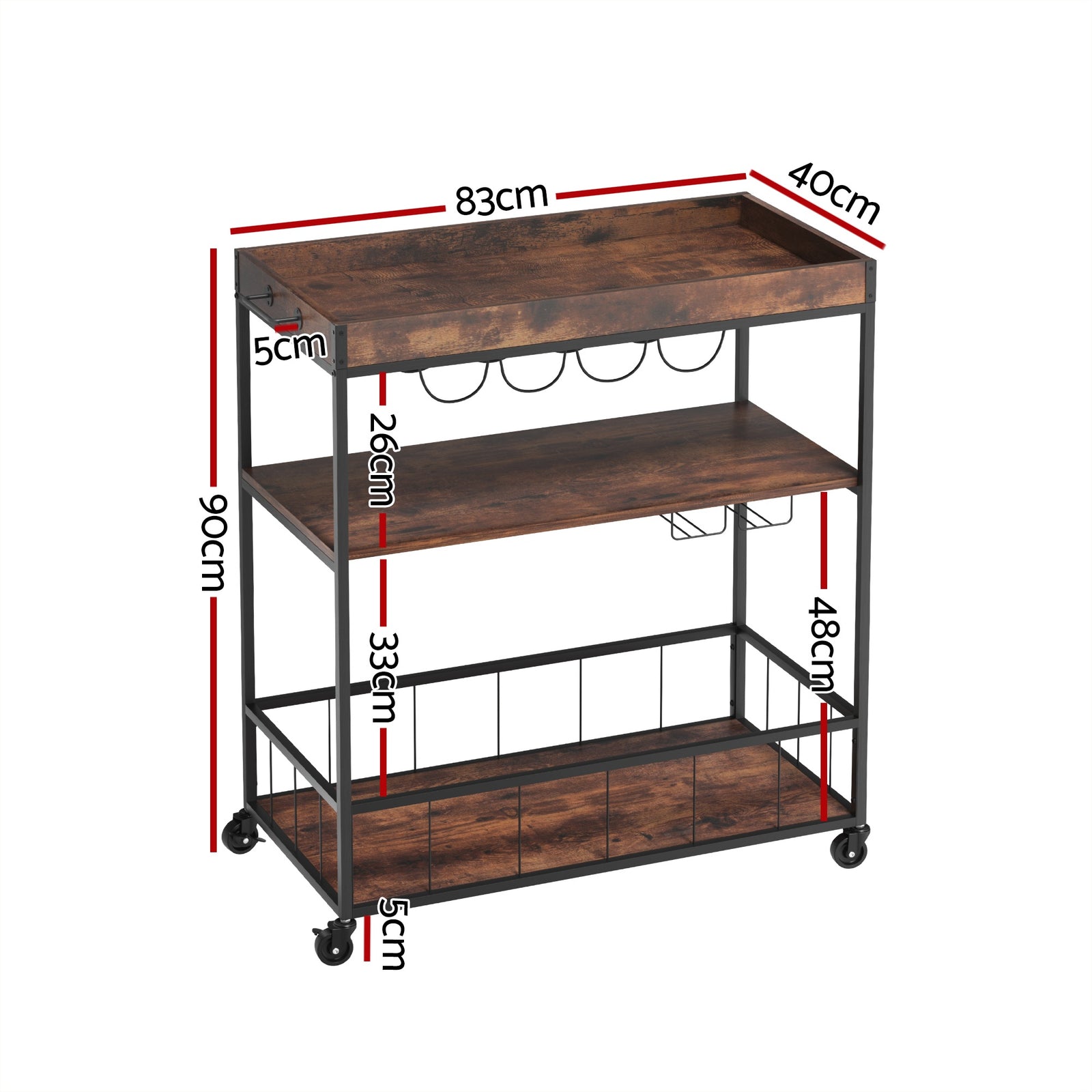 Kitchen Island Rolling Serving Cart with Wine Rack & Lockable Wheels