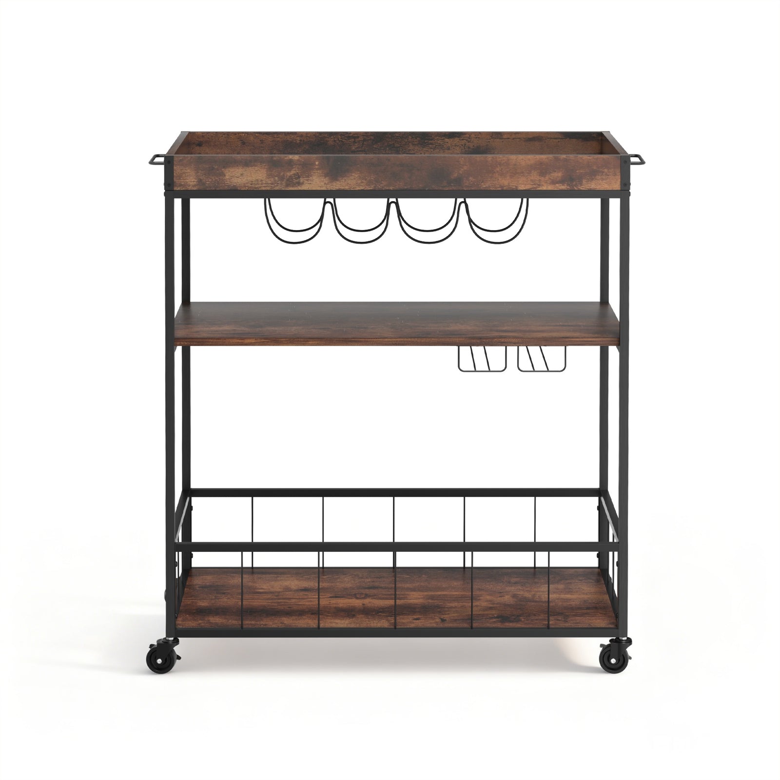 Kitchen Island Rolling Serving Cart with Wine Rack & Lockable Wheels
