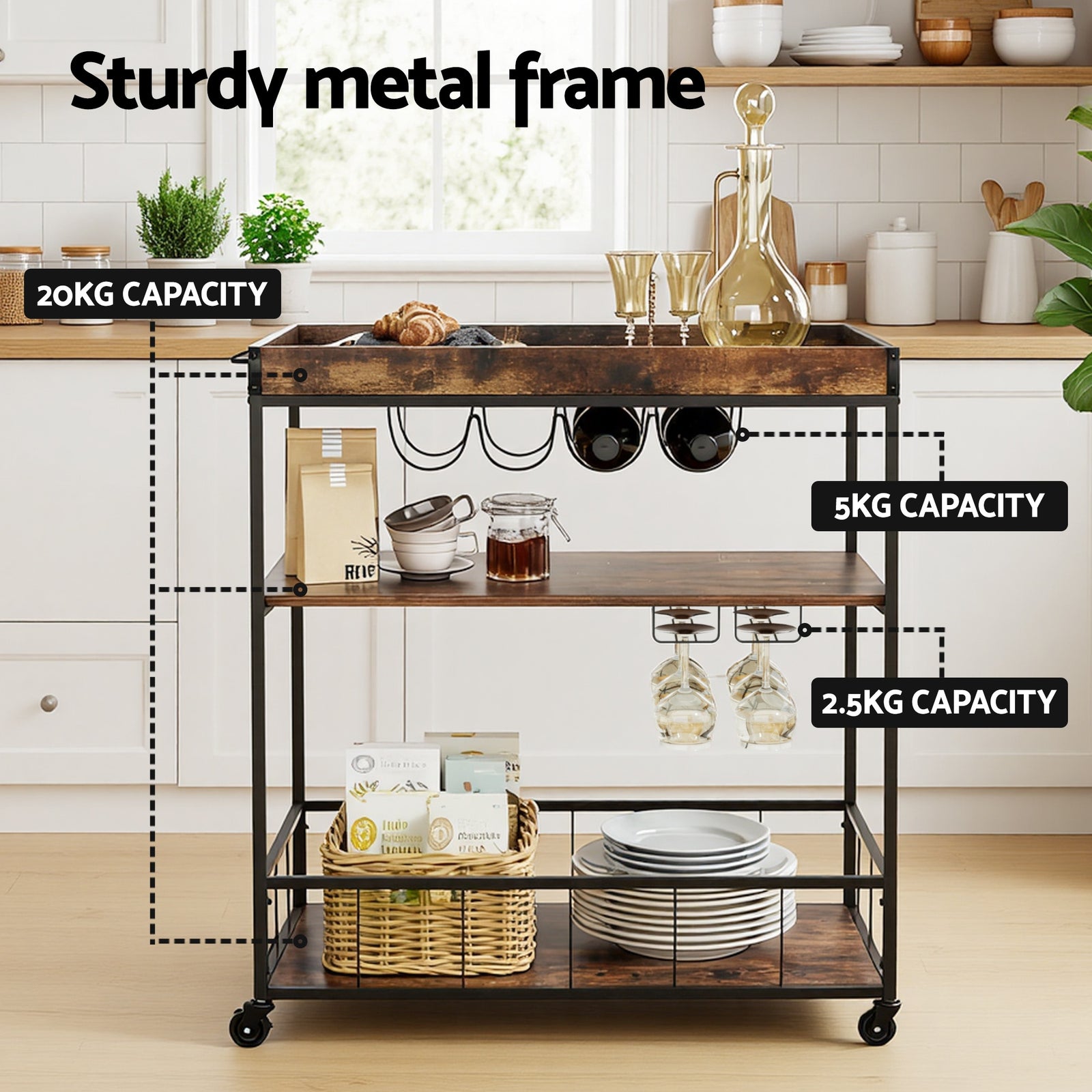 Kitchen Island Rolling Serving Cart with Wine Rack & Lockable Wheels