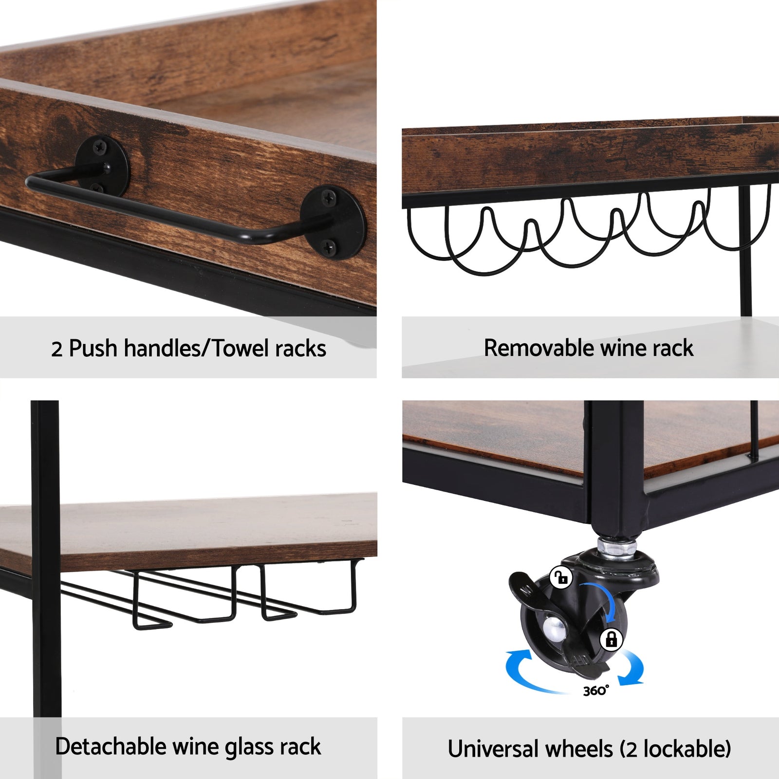Kitchen Island Rolling Serving Cart with Wine Rack & Lockable Wheels