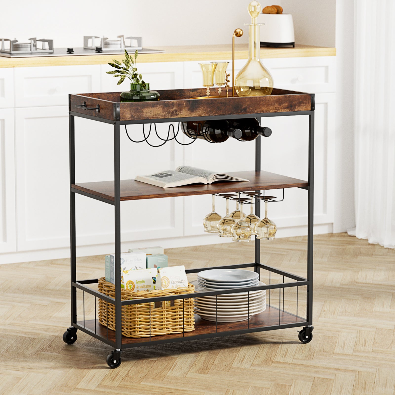 Kitchen Island Rolling Serving Cart with Wine Rack & Lockable Wheels