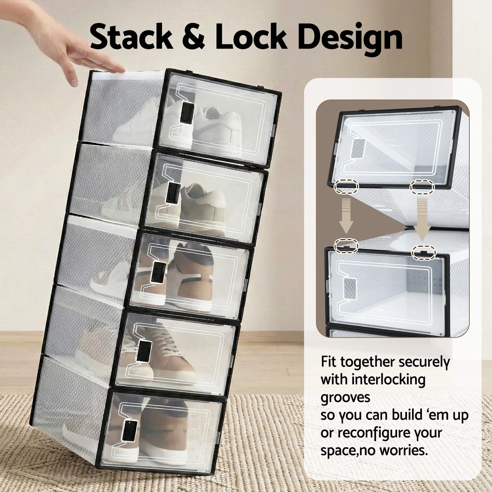 Shoe Storage Box DIY Set of 12 Stackable Black