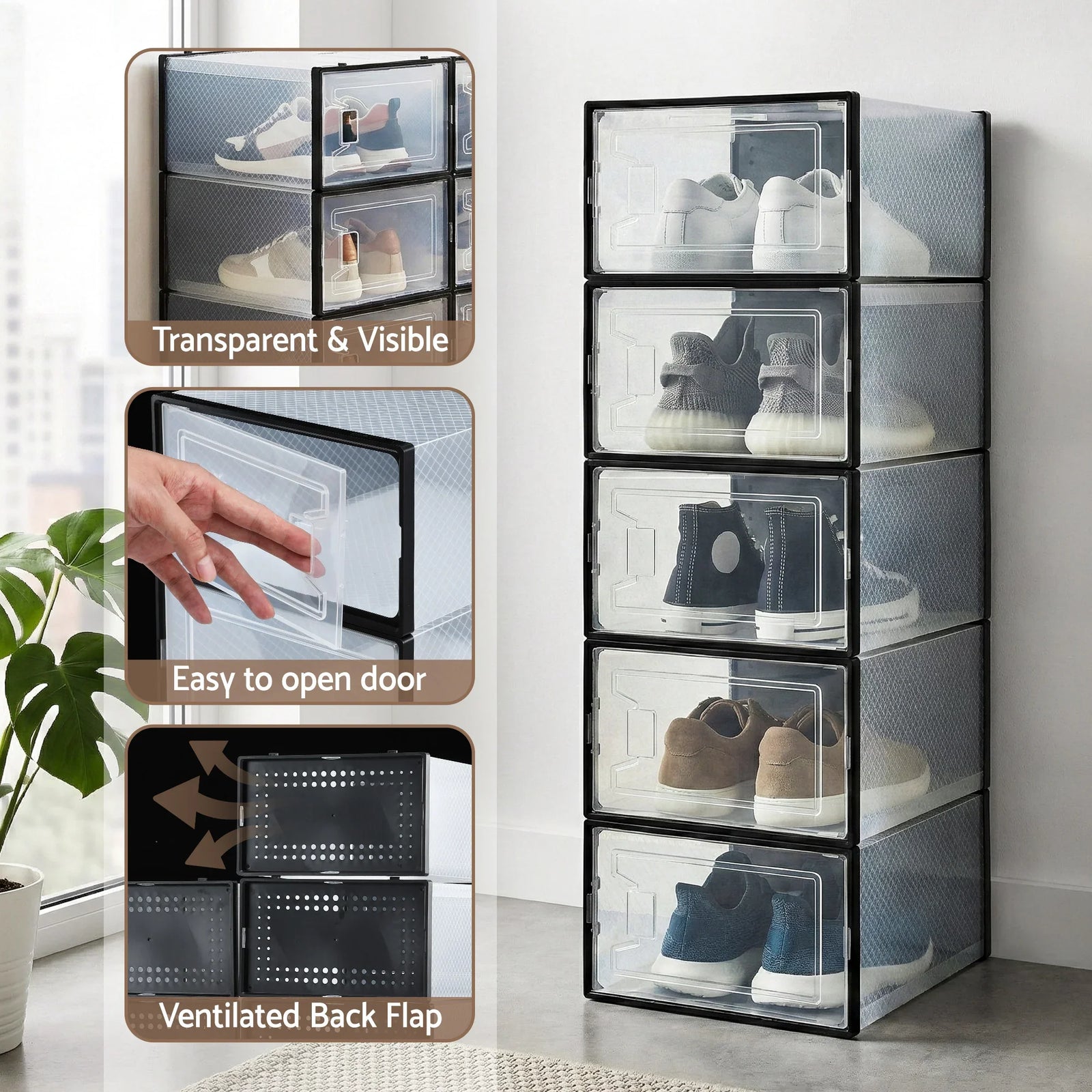 Shoe Storage Box DIY Set of 12 Stackable Black