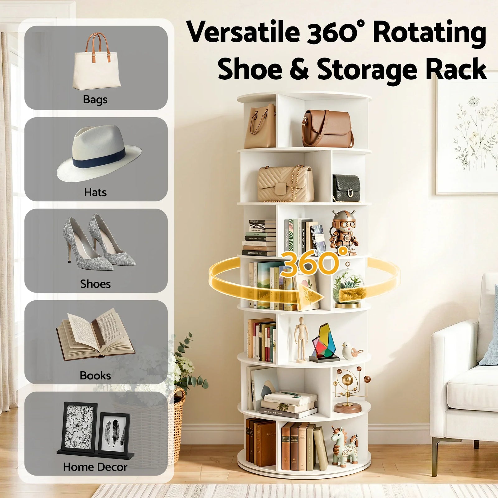 7 Tier 360° Rotating Shoe Rack Storage Display Shelf White