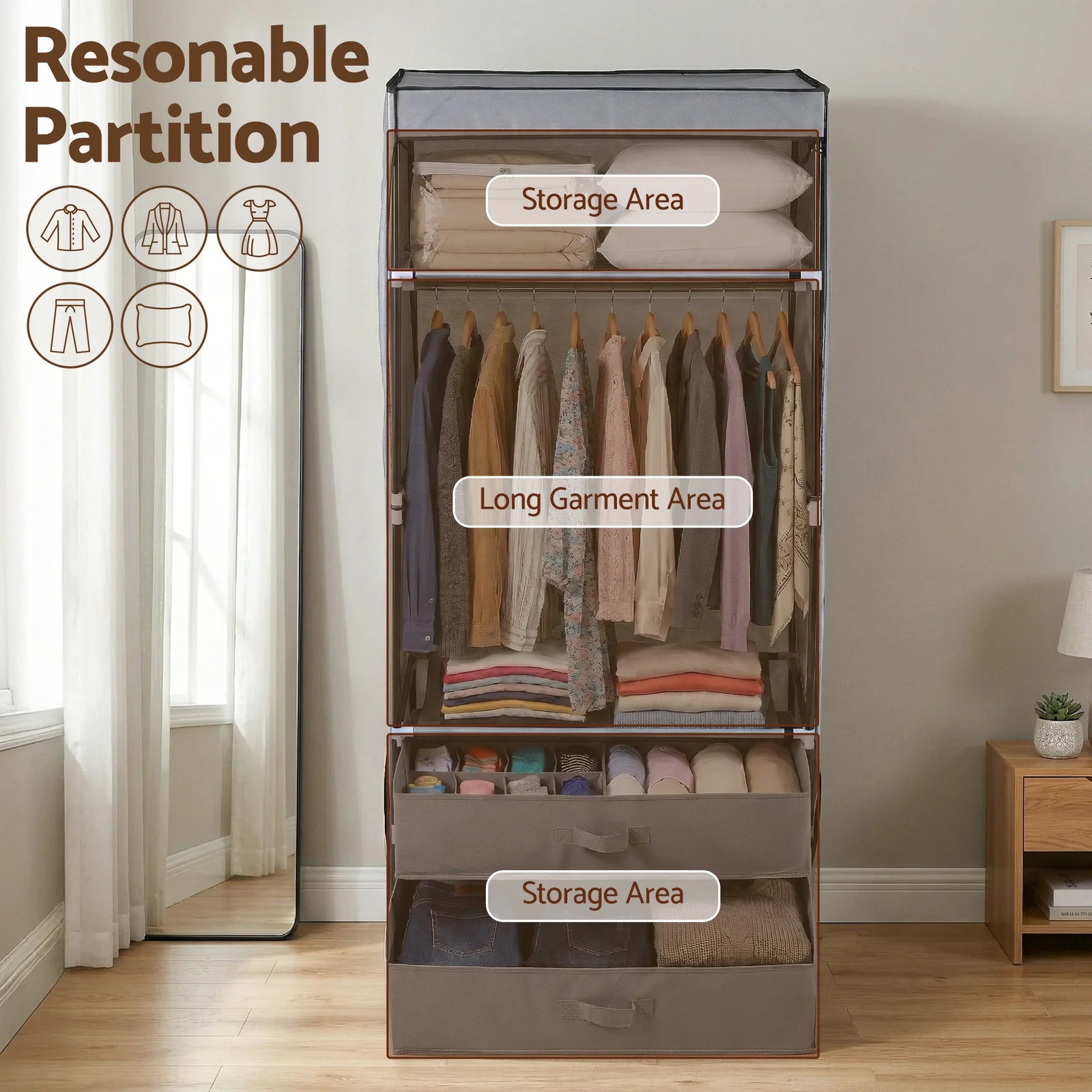 Portable Clothes Closet Wardrobe – Large Storage with Magnetic Door Grey