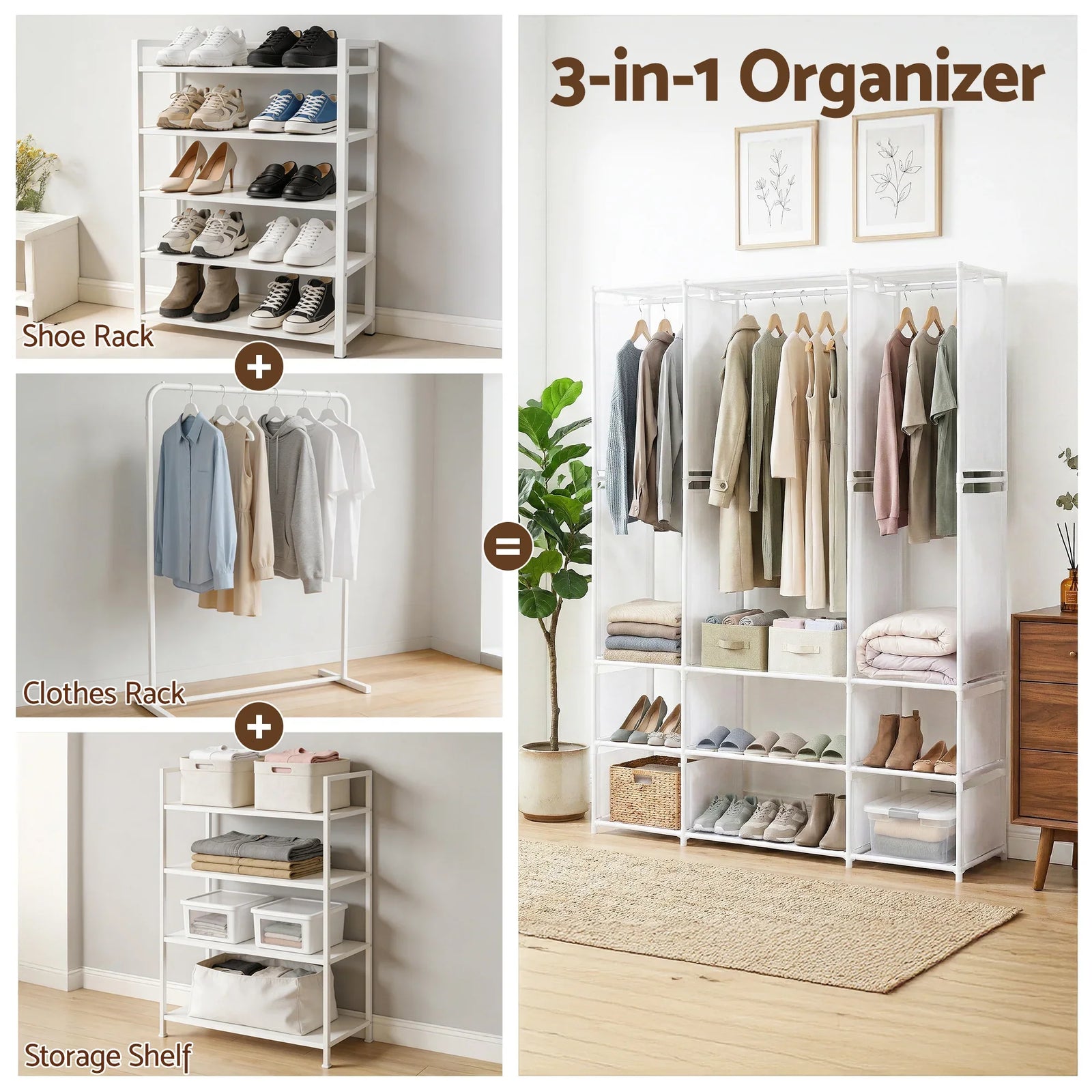 Large Portable Clothes Closet Wardrobe with Open Shelf White