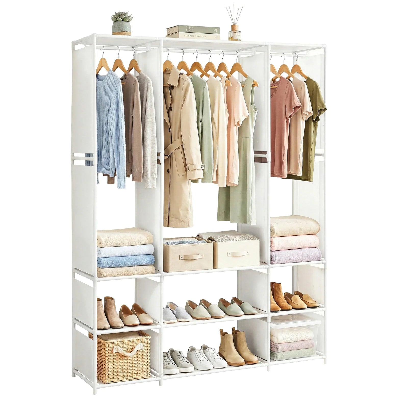 Large Portable Clothes Closet Wardrobe with Open Shelf White
