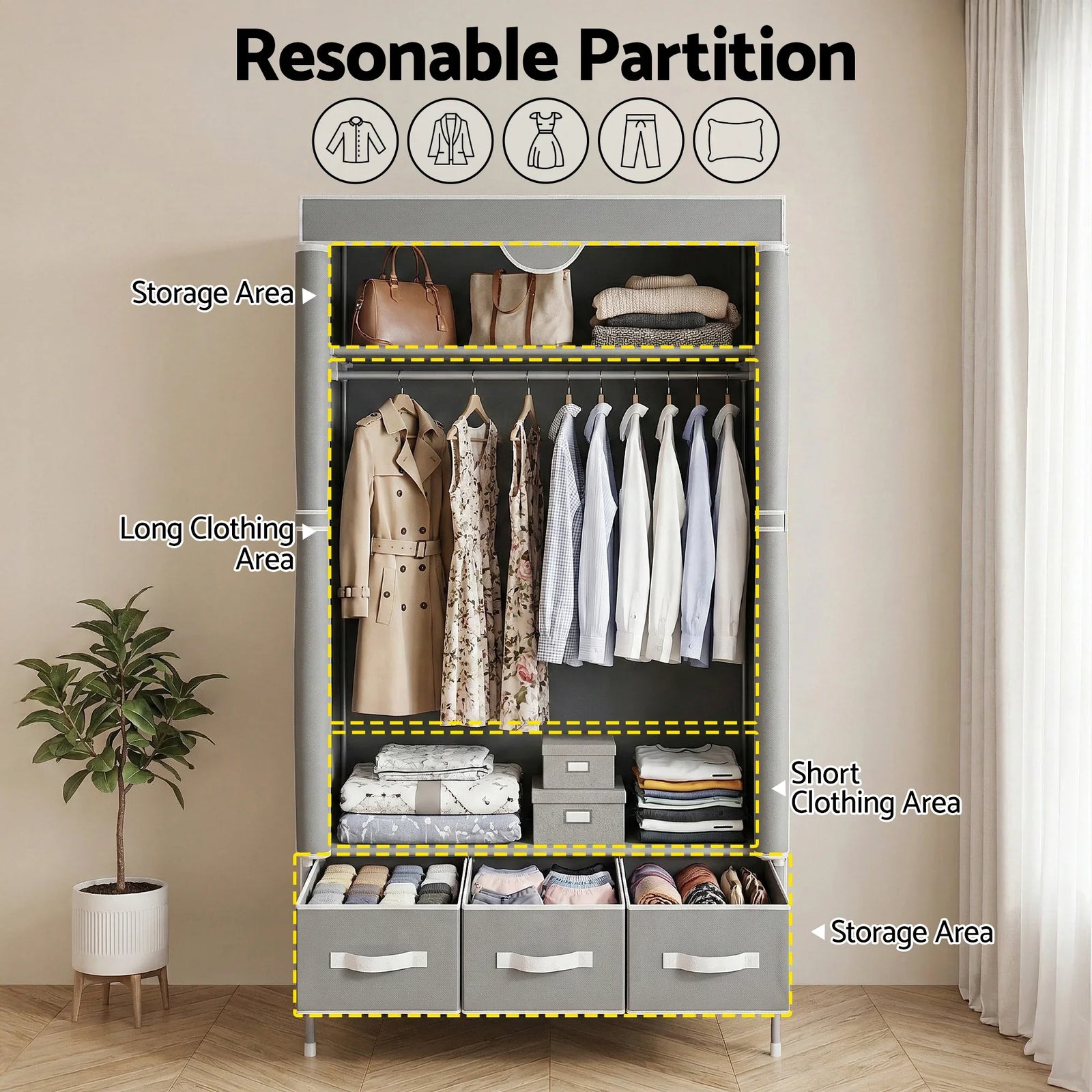 Large Portable Clothes Closet Wardrobe with Tiebacks Grey