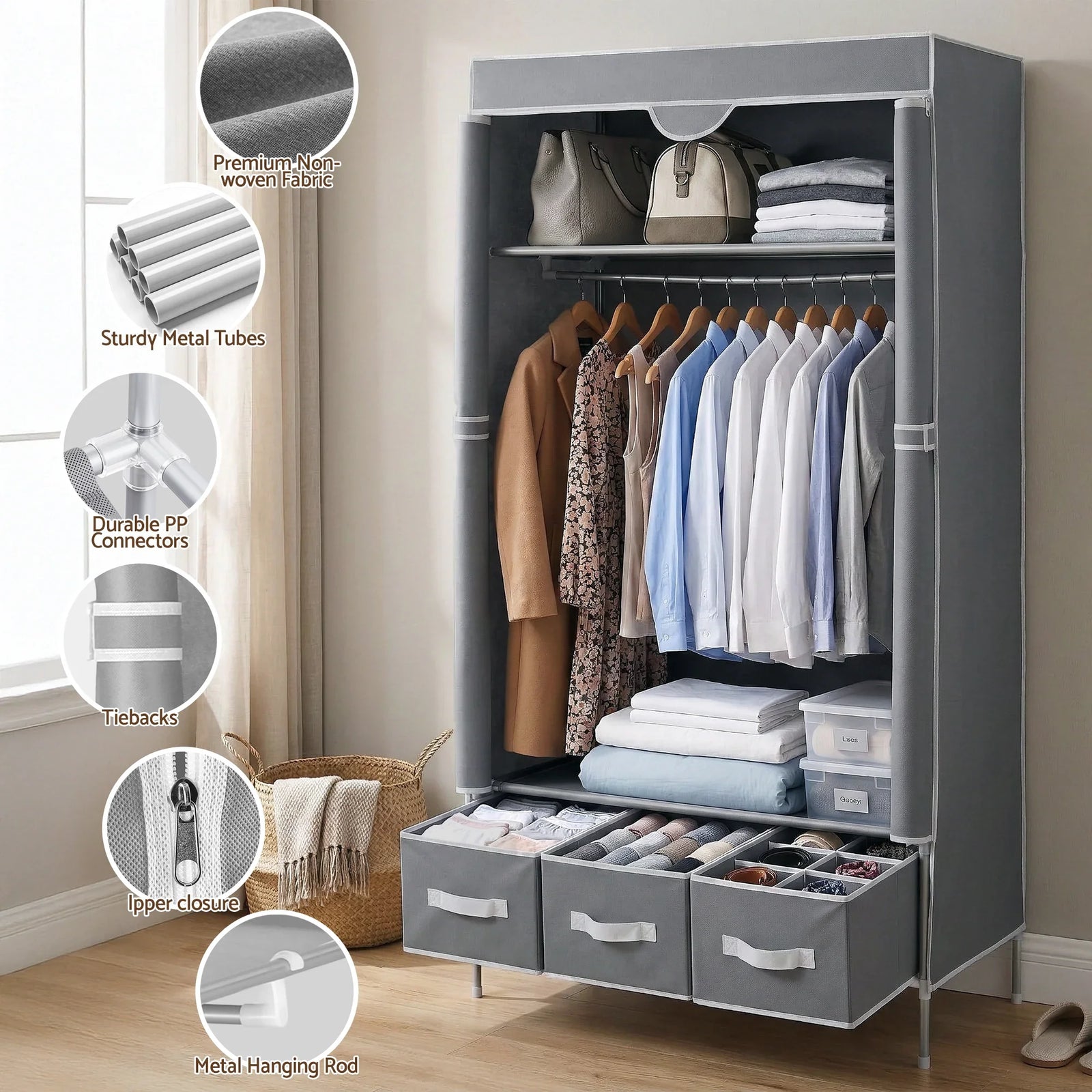 Large Portable Clothes Closet Wardrobe with Tiebacks Grey