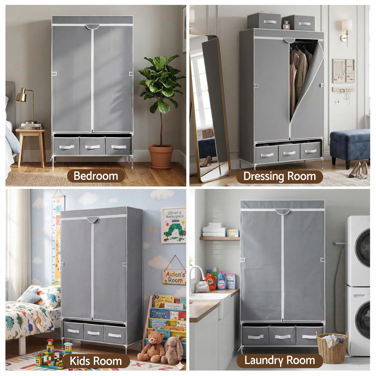 Large Portable Clothes Closet Wardrobe with Tiebacks Grey