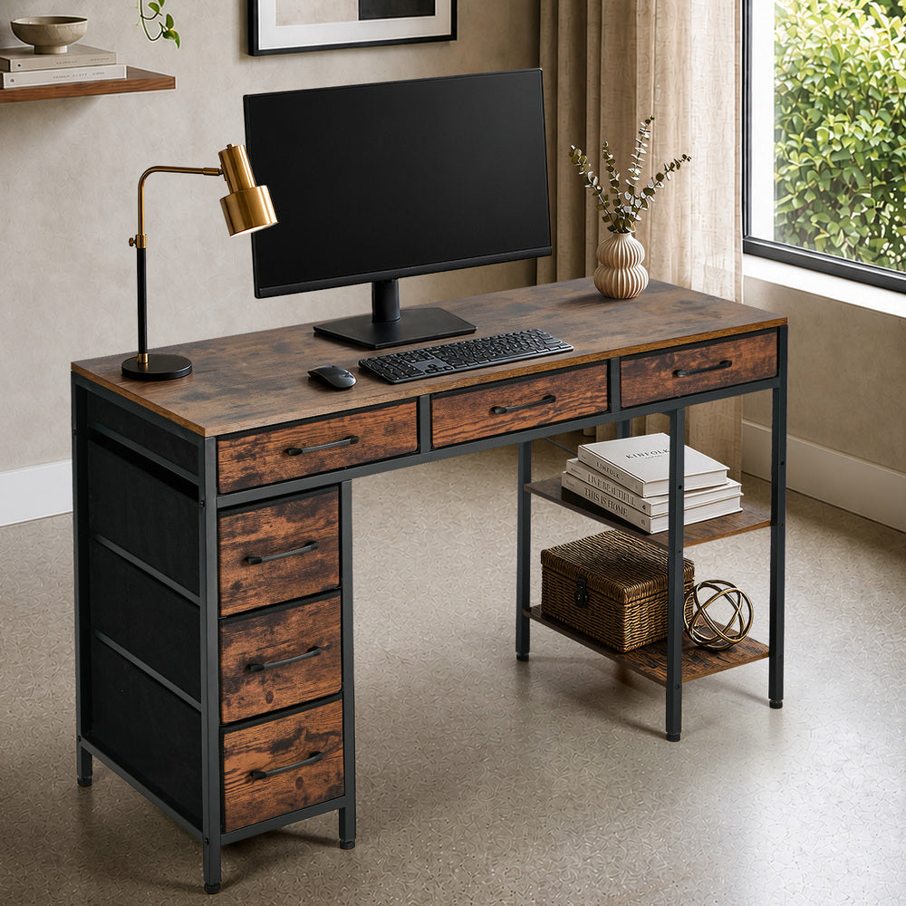 Oikiture Computer Desk 120cm – Industrial Table with 6 Fabric Drawers & Shelves