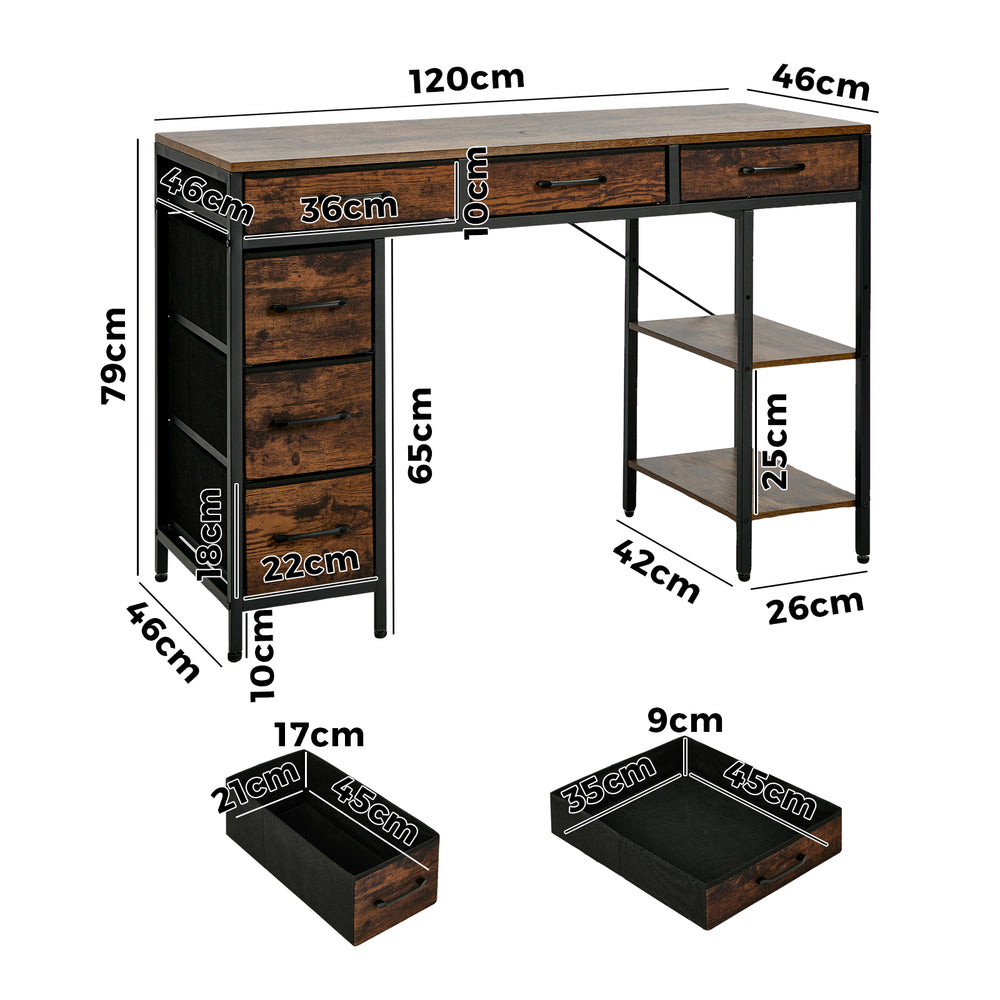 Oikiture Computer Desk 120cm – Industrial Table with 6 Fabric Drawers & Shelves