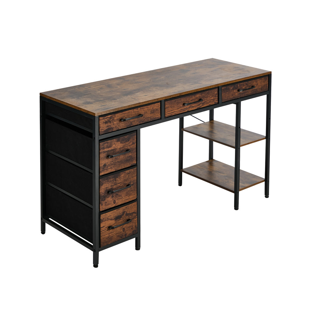 Oikiture Computer Desk 120cm – Industrial Table with 6 Fabric Drawers & Shelves