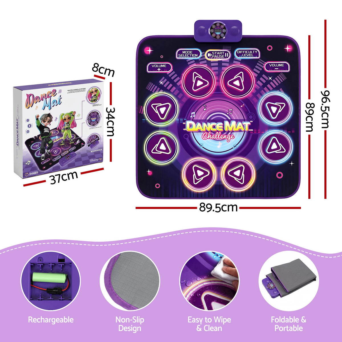 Keezi Kids Bluetooth Dance Mat 4 Modes Rechargeable Electronic Dance Pad Purple