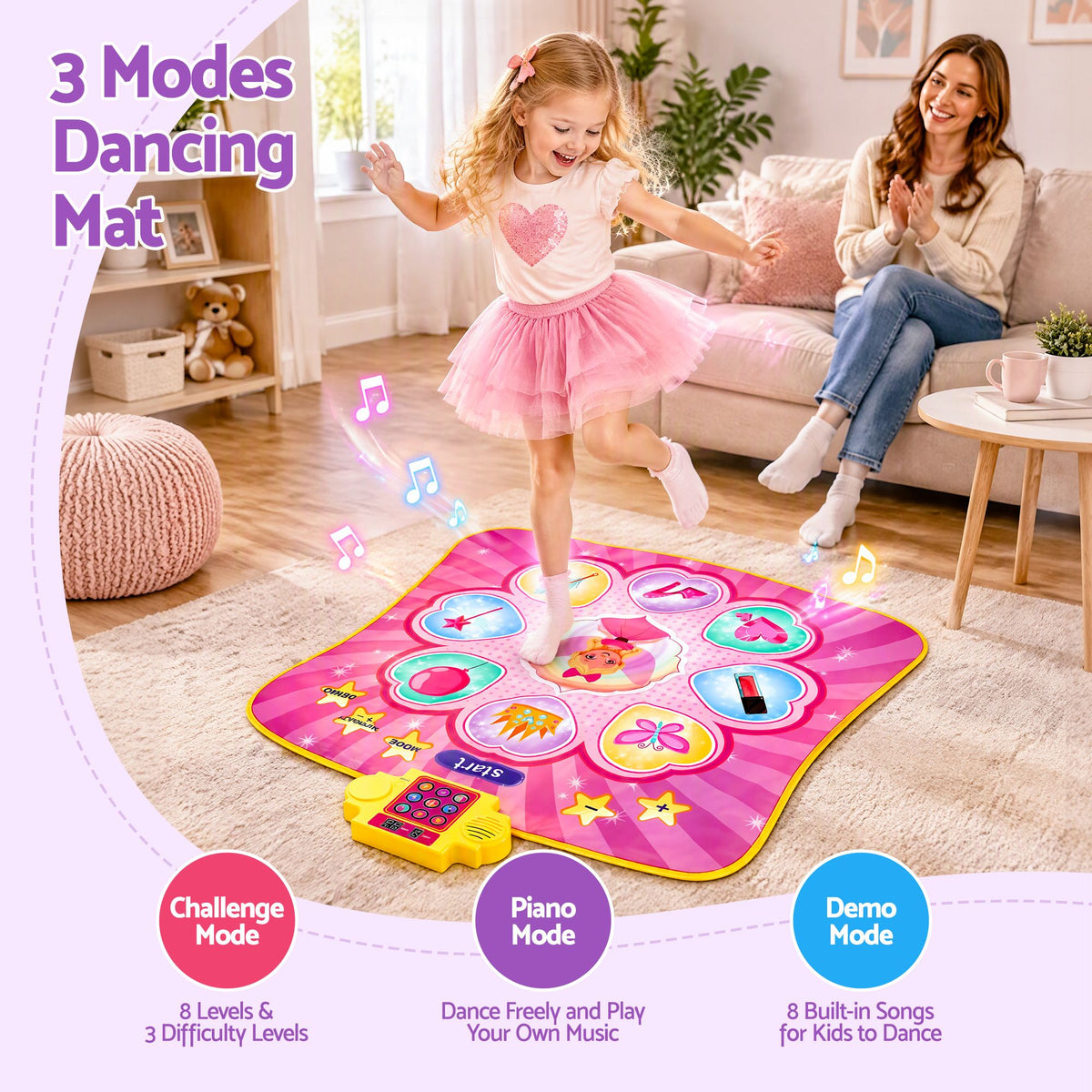 Keezi Kids Electronic Dance Mat Princess Theme 3 Game Modes LED Ages 3-12 Pink