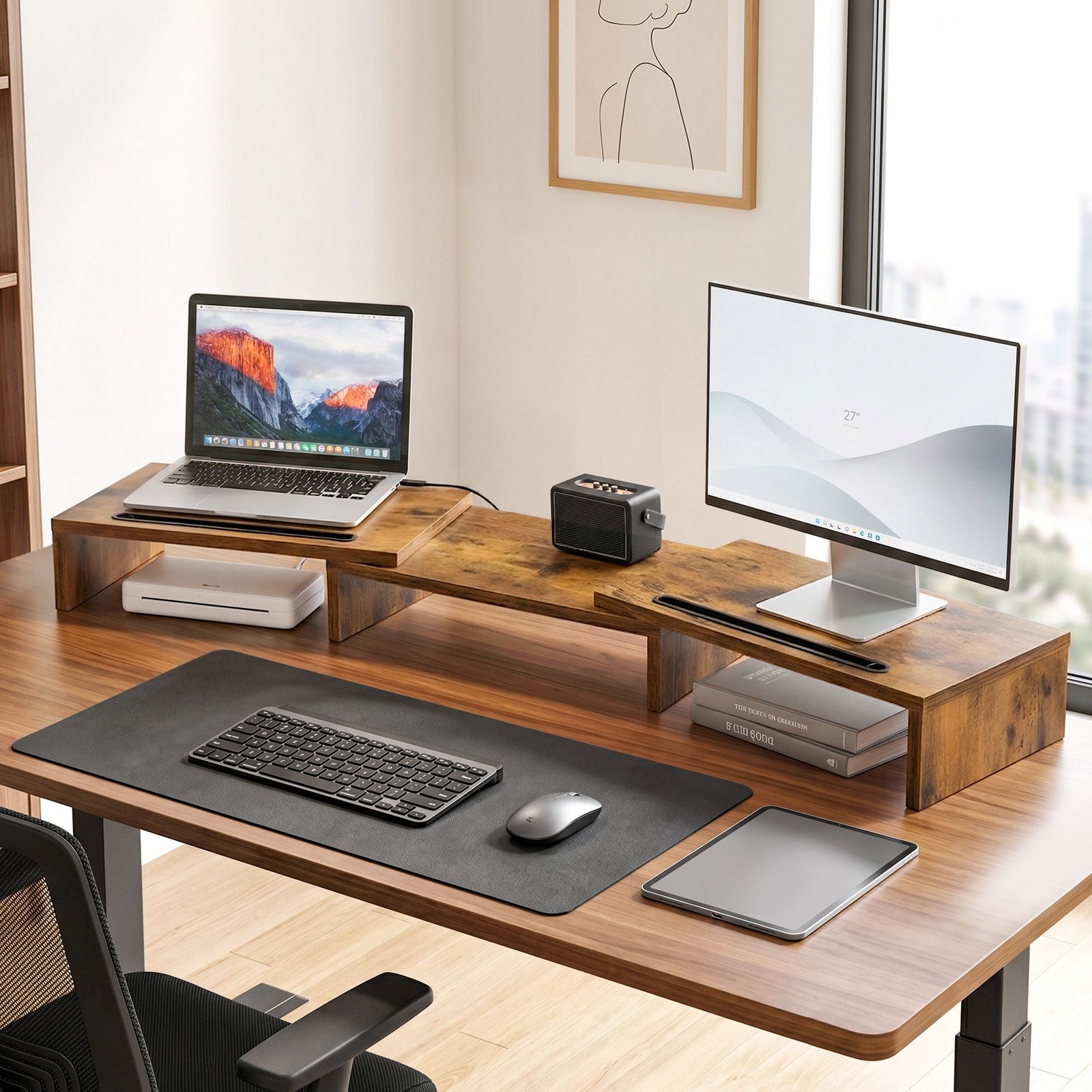 Dual Monitor Stand Riser – Rotating & Extendable Desk Shelf (Rustic Brown)