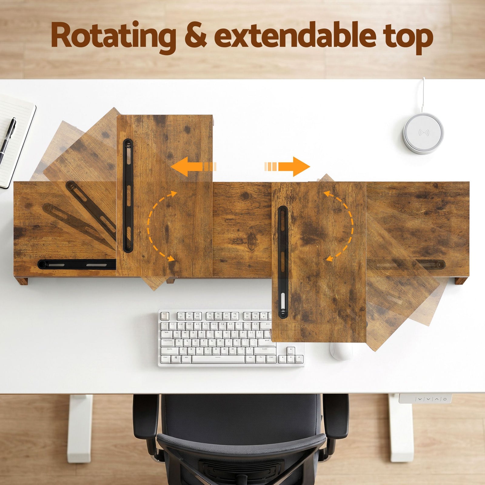 Dual Monitor Stand Riser – Rotating & Extendable Desk Shelf (Rustic Brown)