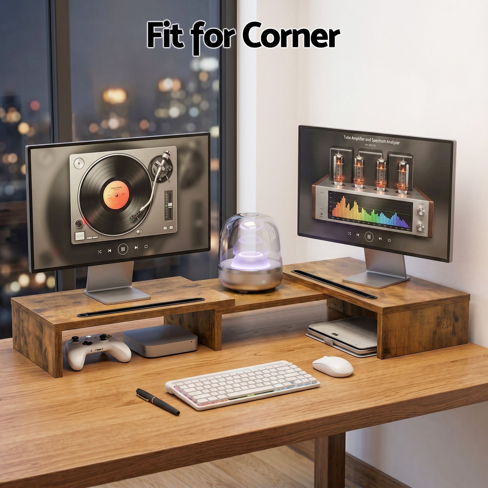 Dual Monitor Stand Riser – Rotating & Extendable Desk Shelf (Rustic Brown)