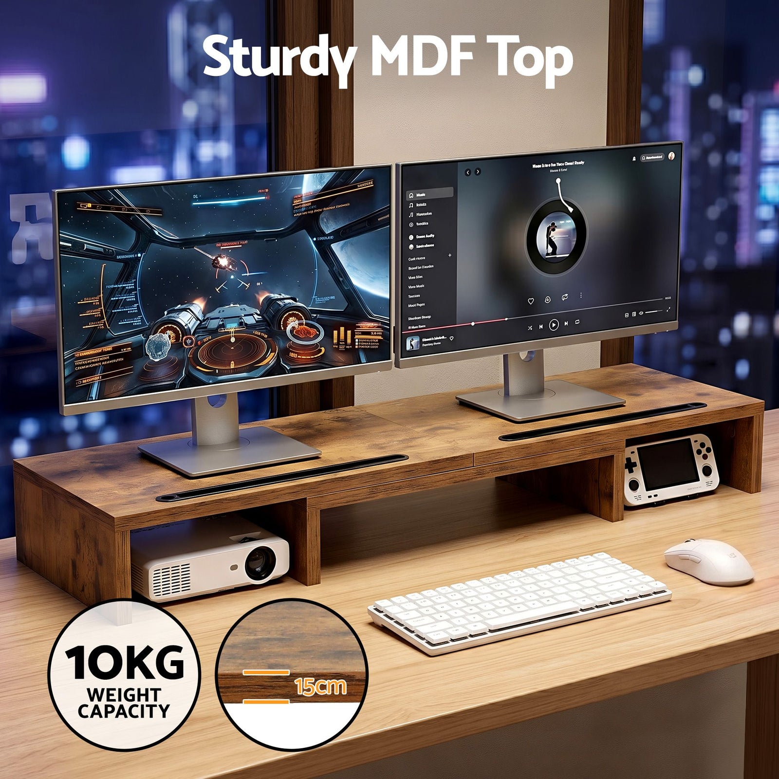 Dual Monitor Stand Riser – Rotating & Extendable Desk Shelf (Rustic Brown)