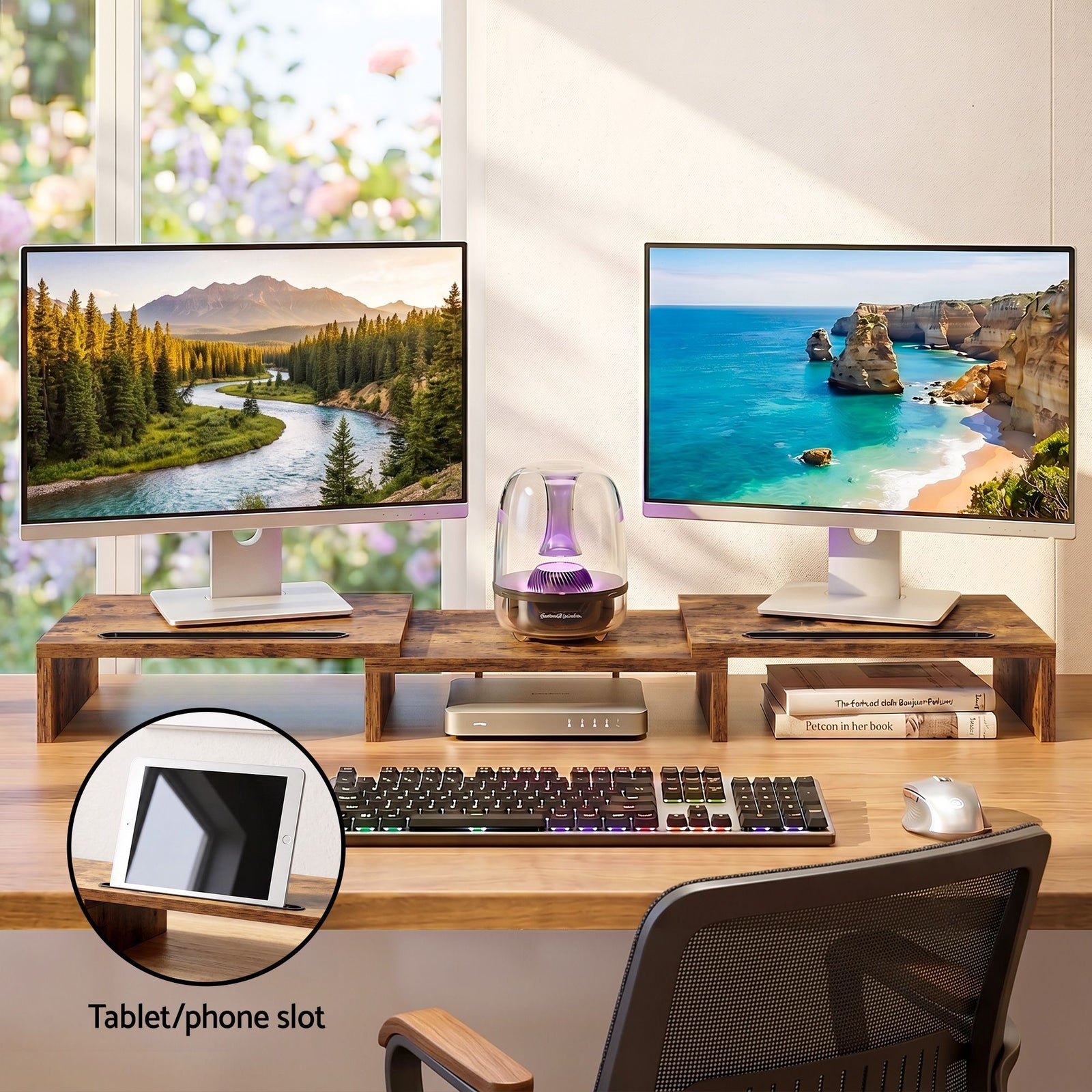 Dual Monitor Stand Riser – Rotating & Extendable Desk Shelf (Rustic Brown)