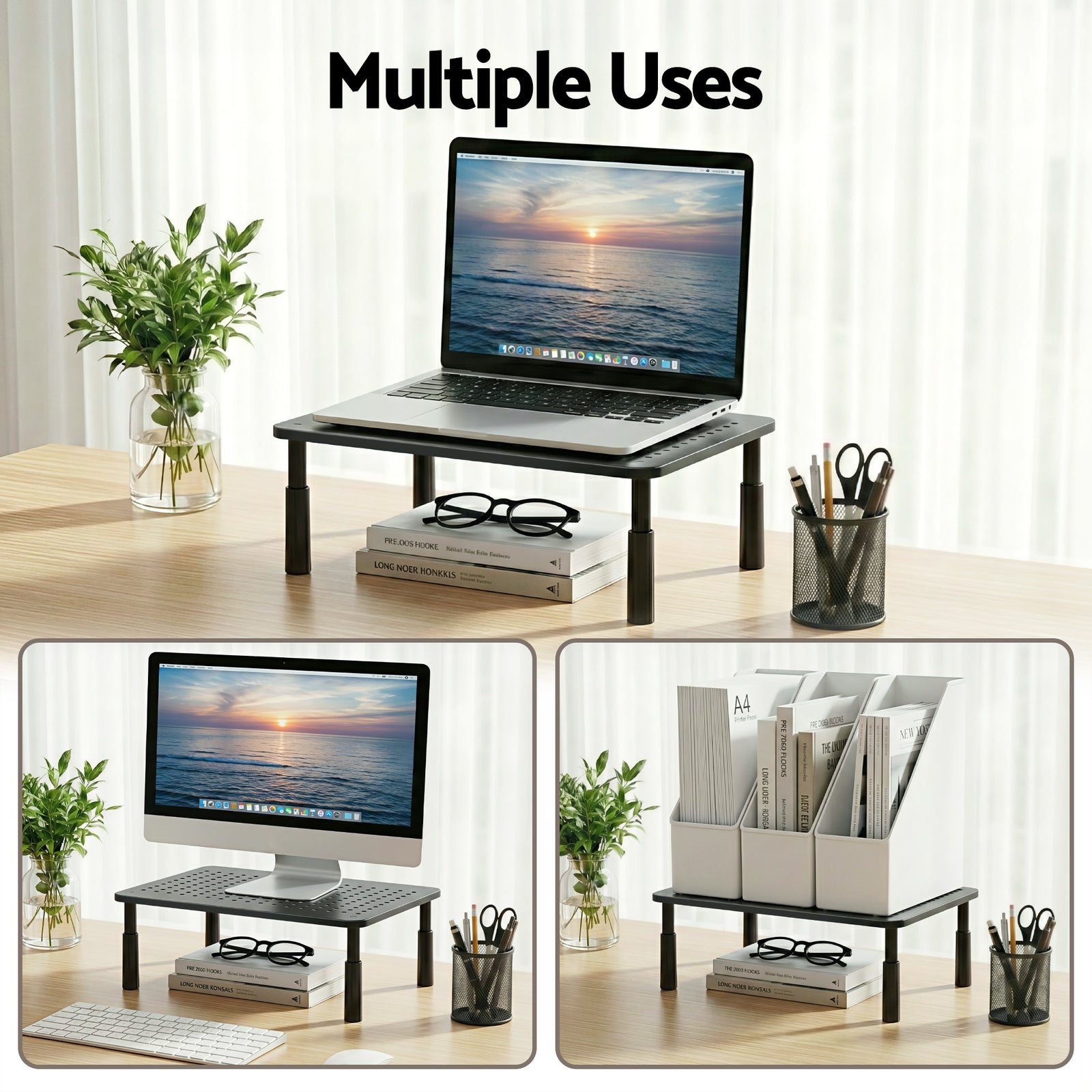 Monitor Stand Adjustable Riser For Computer Monitor And Laptop 3 Height Desk Organizer Black