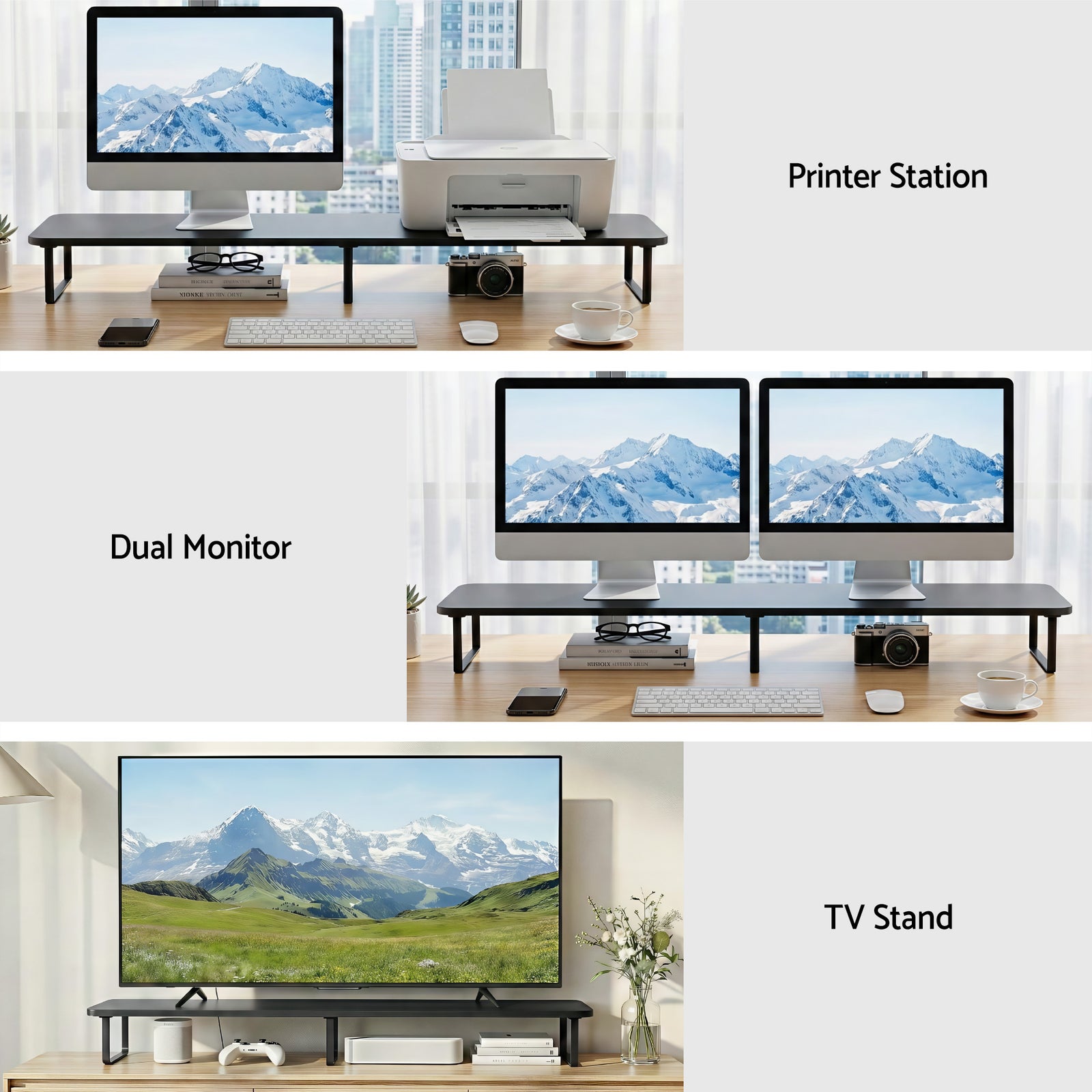 Dual Monitor Stand 100cm Riser Large Laptop Stand Desk Organiser Black