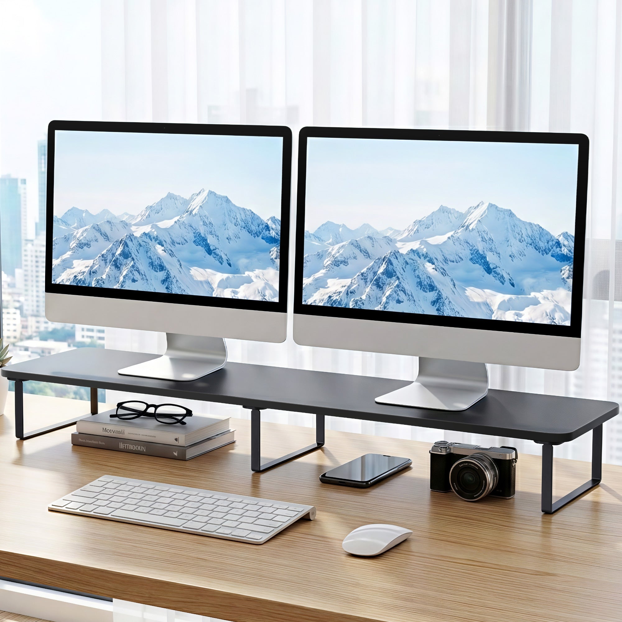 Dual Monitor Stand 100cm Riser Large Laptop Stand Desk Organiser Black