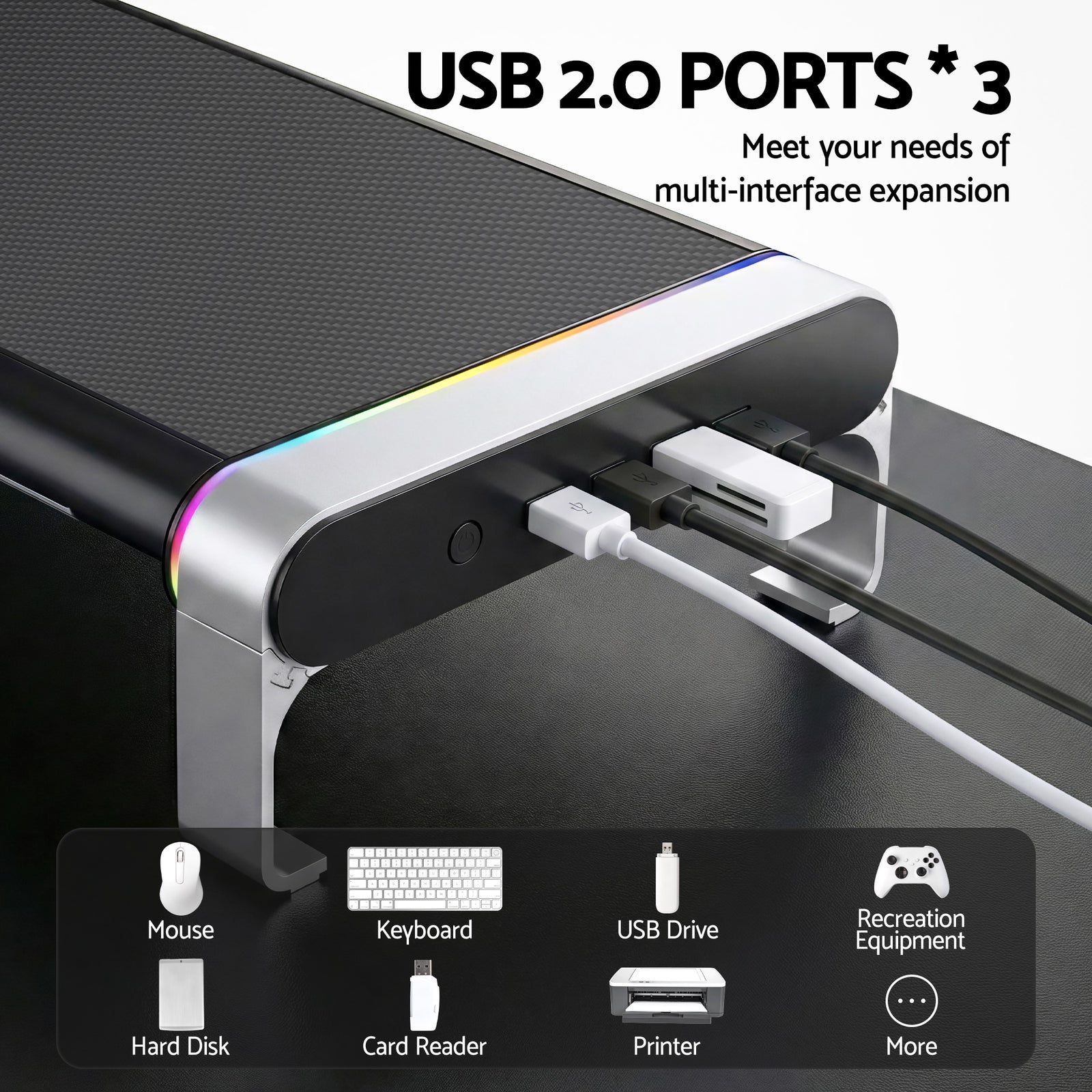 RGB Monitor Stand with USB Hub Desk Organiser Charging Stand Computer Stand Black