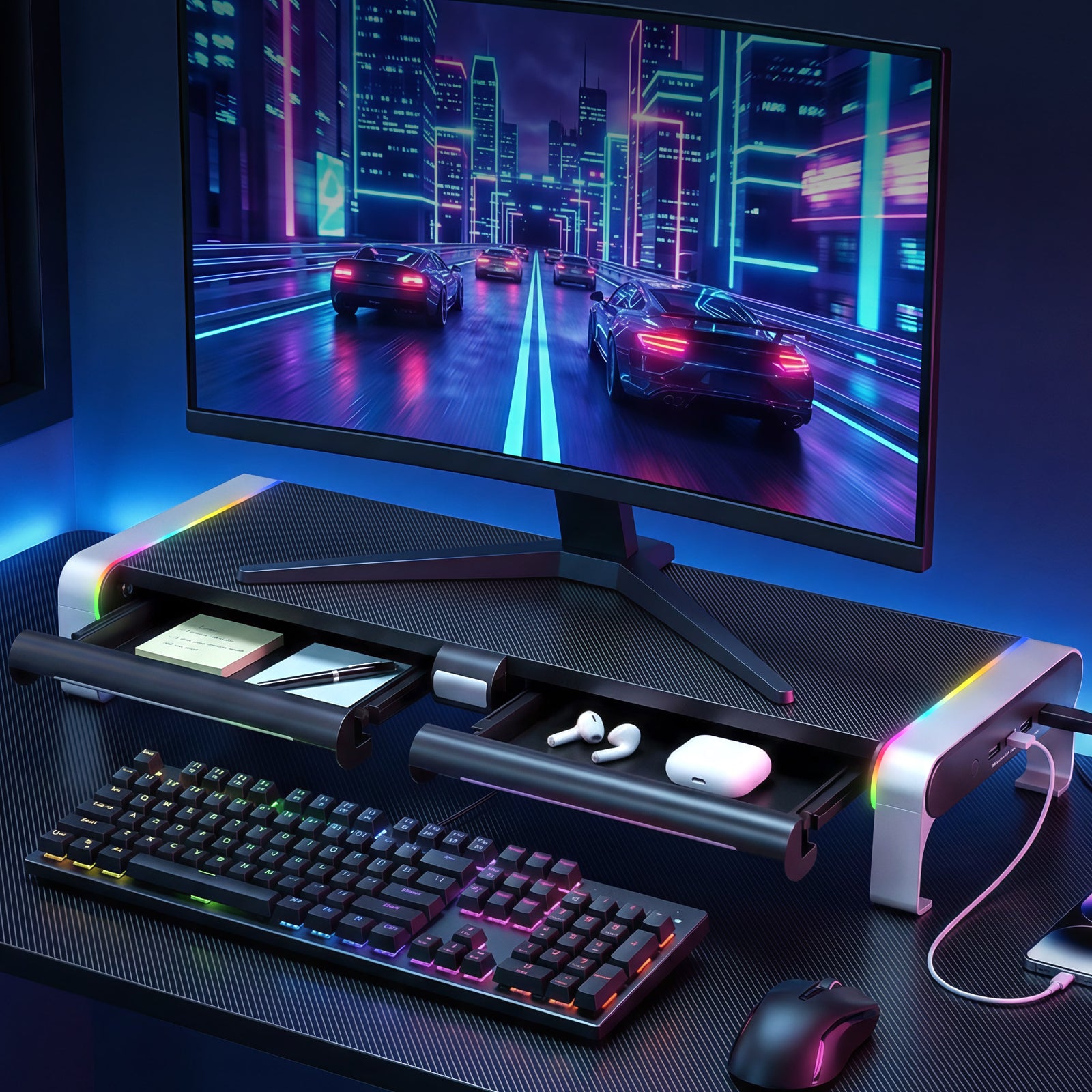 RGB Monitor Stand with USB Hub Desk Organiser Charging Stand Computer Stand Black