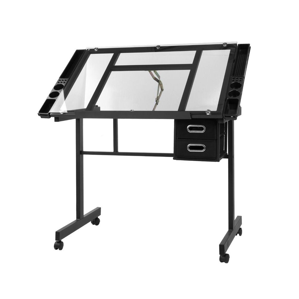 Adjustable Drawing Desk Glass Top Drafting Table Art Workstation Black
