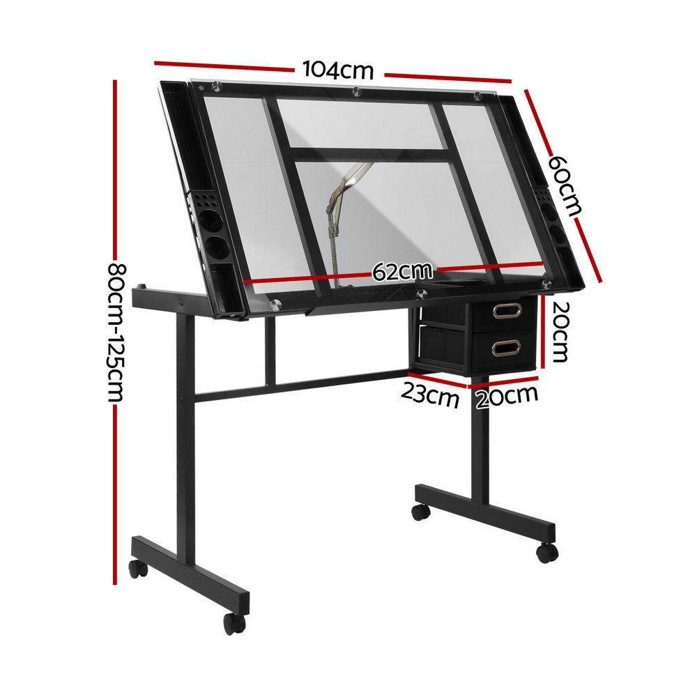 Adjustable Drawing Desk Glass Top Drafting Table Art Workstation Black