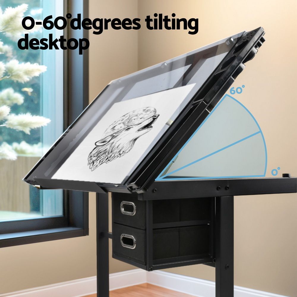 Adjustable Drawing Desk Glass Top Drafting Table Art Workstation Black