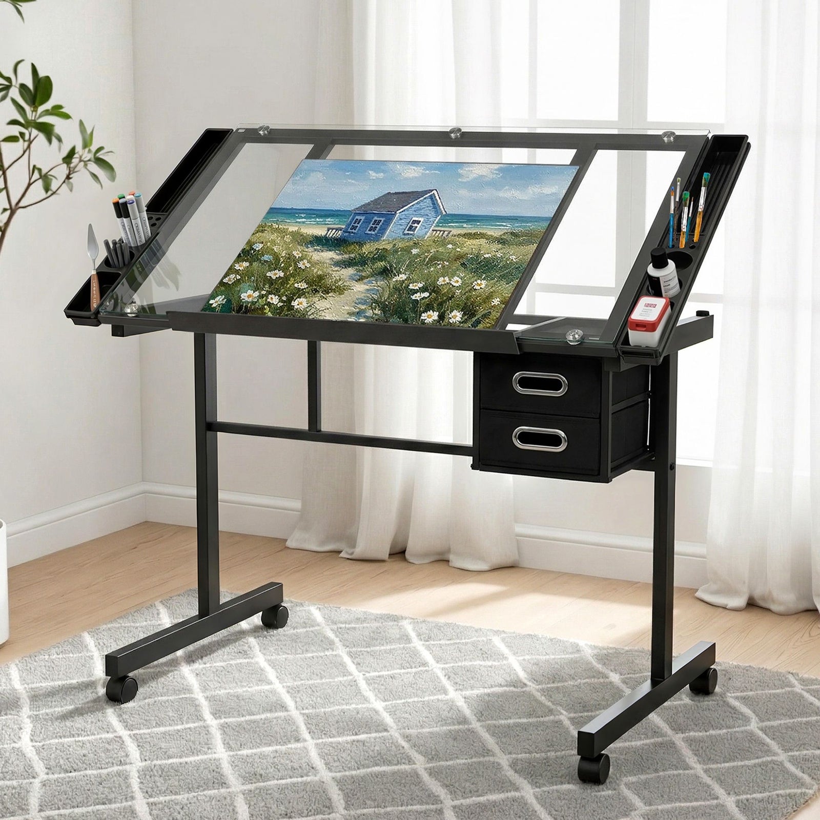 Adjustable Drawing Desk Glass Top Drafting Table Art Workstation Black