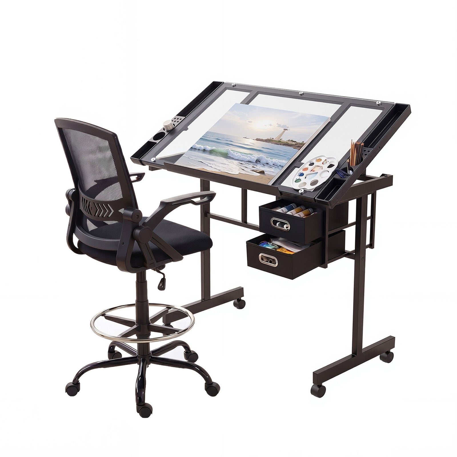 Drawing Table with Ergonomic Office Chair, Drafting Tables with Tempered Glass Desktop, Removable Drawers, Drafting Stool with Height Adjustable for Artwork Painting Studio