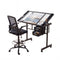 Drawing Table with Ergonomic Office Chair, Drafting Tables with Tempered Glass Desktop, Removable Drawers, Drafting Stool with Height Adjustable for Artwork Painting Studio