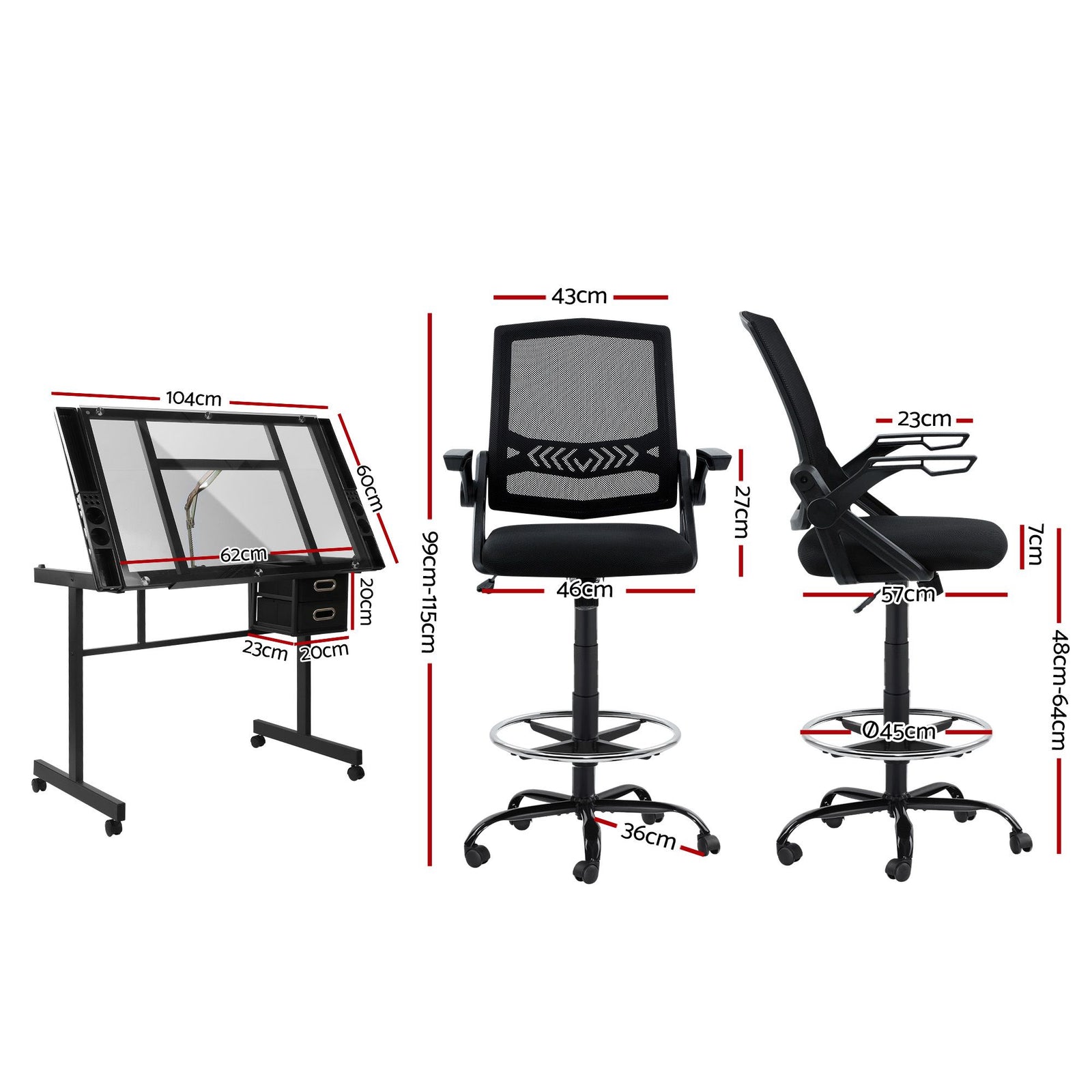 Drawing Table with Ergonomic Office Chair, Drafting Tables with Tempered Glass Desktop, Removable Drawers, Drafting Stool with Height Adjustable for Artwork Painting Studio