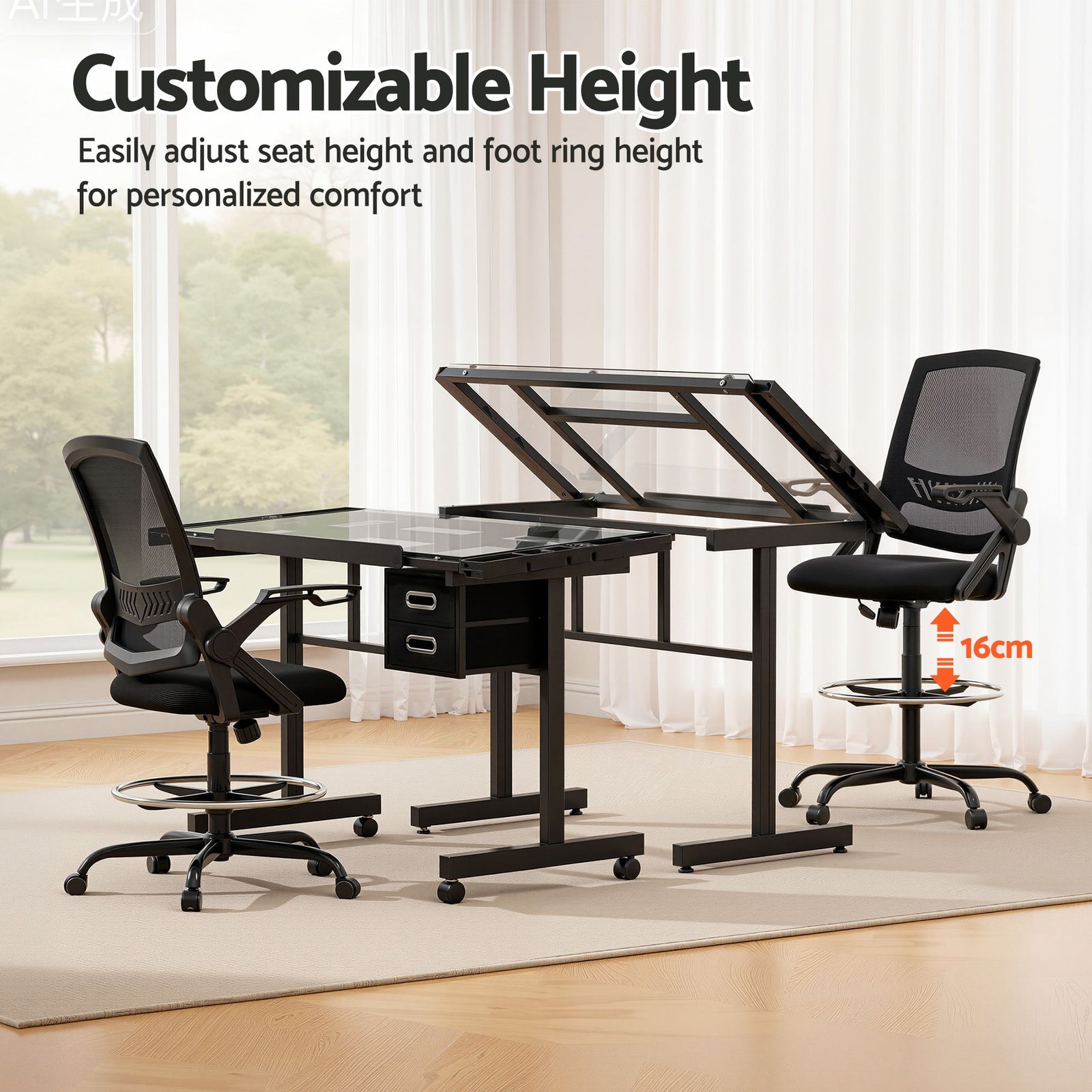 Drawing Table with Ergonomic Office Chair, Drafting Tables with Tempered Glass Desktop, Removable Drawers, Drafting Stool with Height Adjustable for Artwork Painting Studio