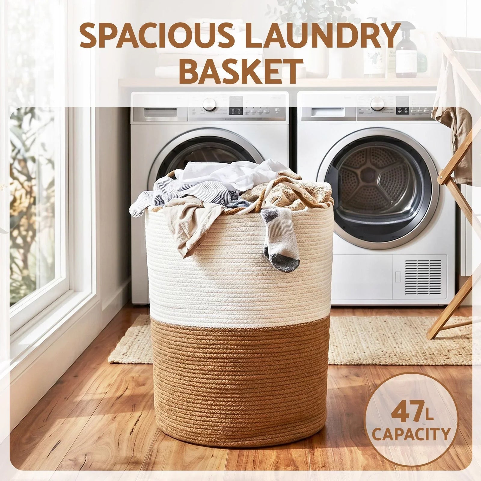 Woven Laundry Basket with handles Foldable White & Brown