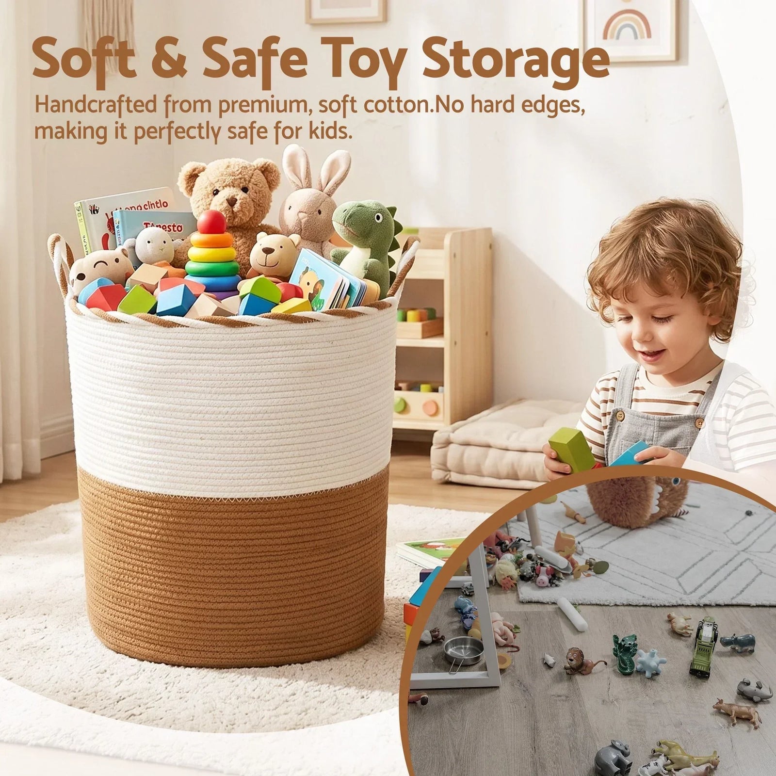 Woven Laundry Basket with handles Foldable White & Brown