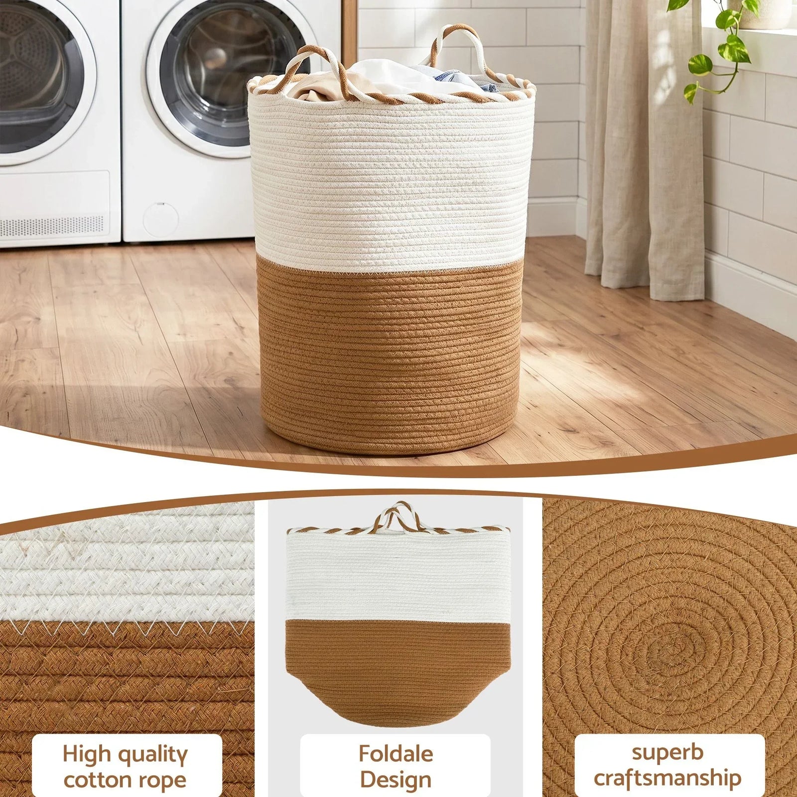 Woven Laundry Basket with handles Foldable White & Brown