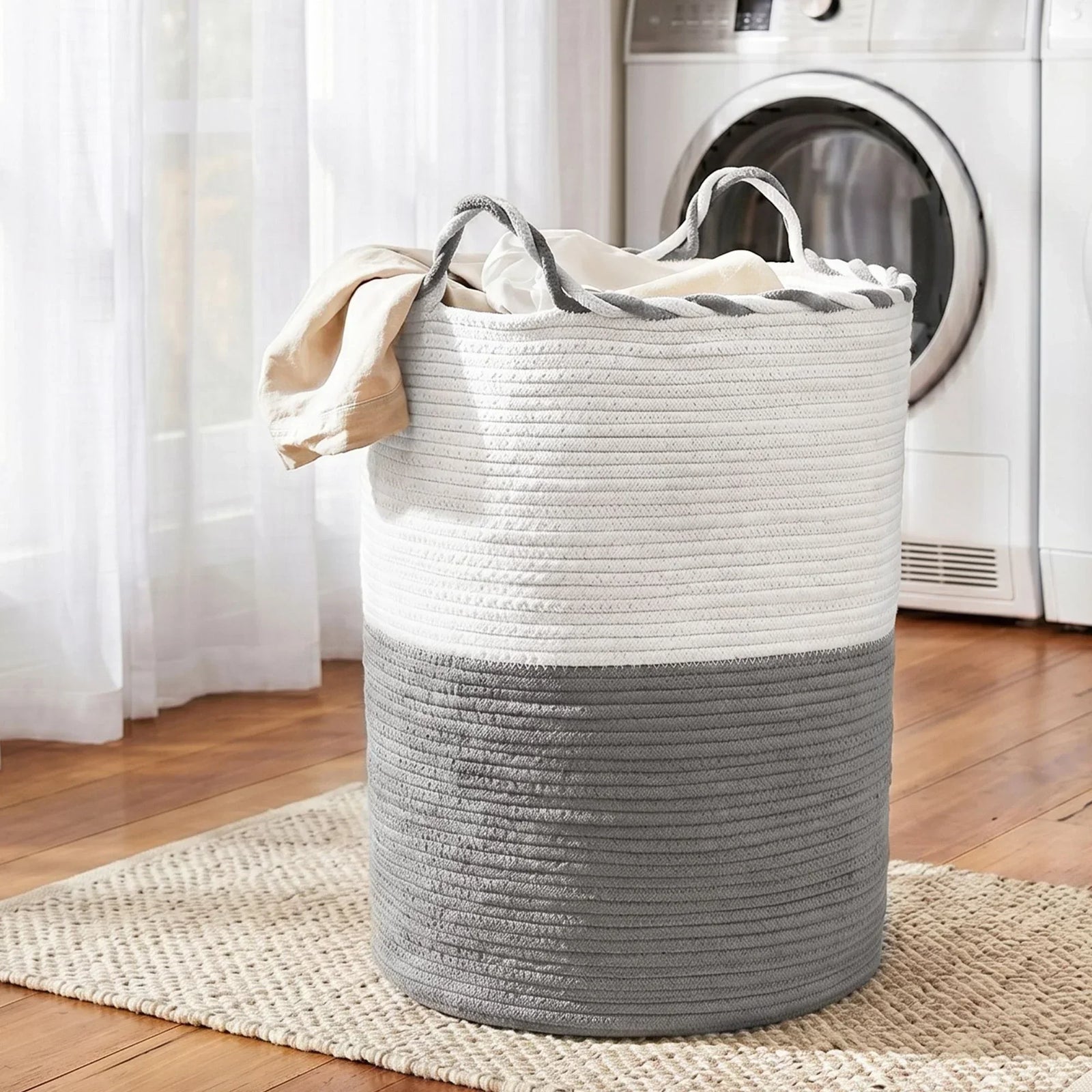 Cotton Rope Laundry Basket 47L – Foldable White & Grey with Handles