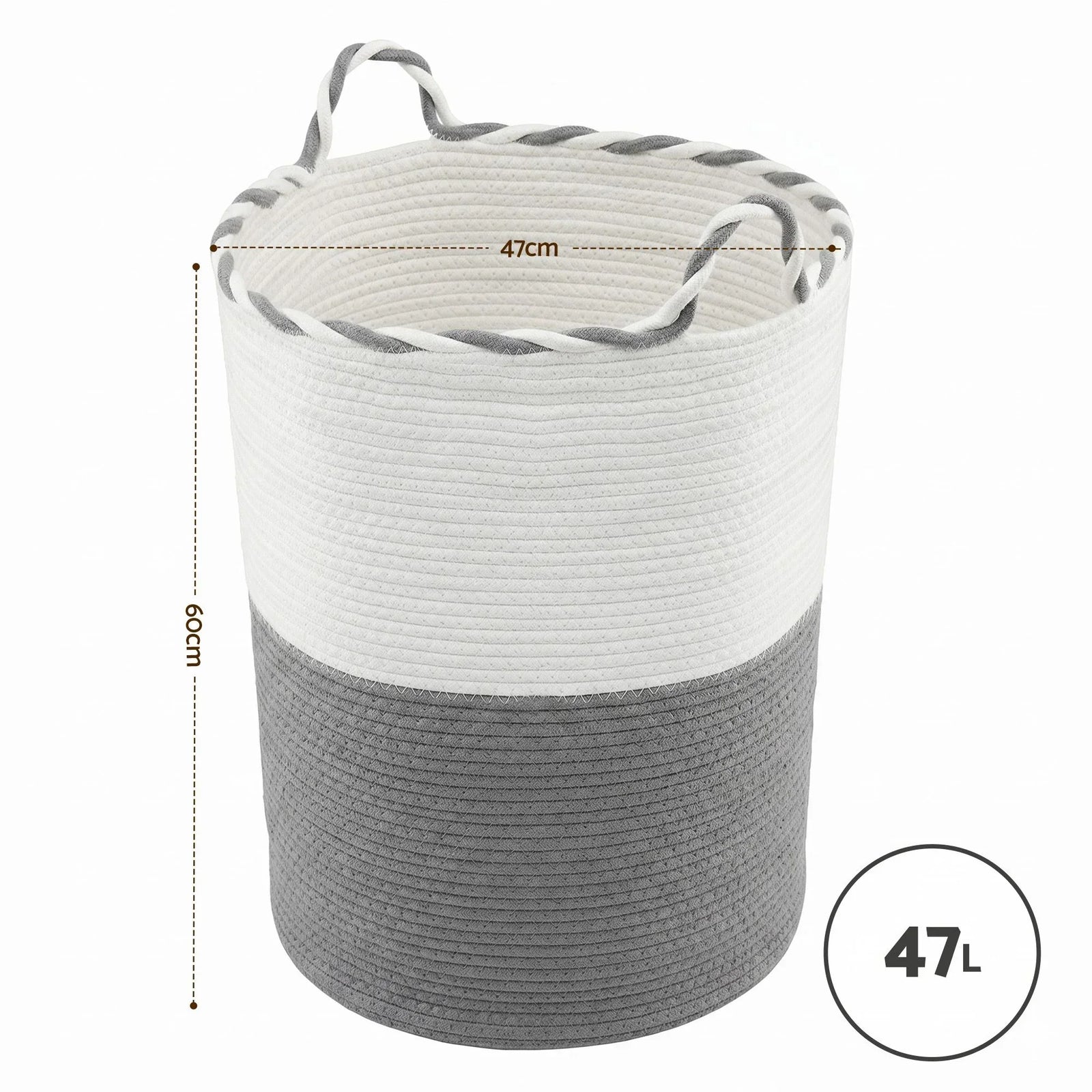 Cotton Rope Laundry Basket 47L – Foldable White & Grey with Handles