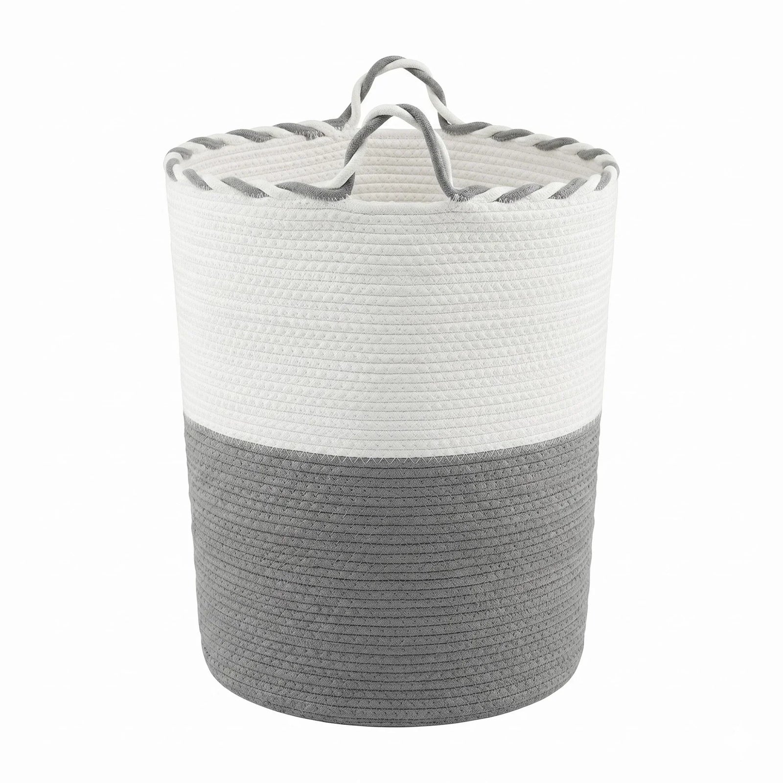 Cotton Rope Laundry Basket 47L – Foldable White & Grey with Handles