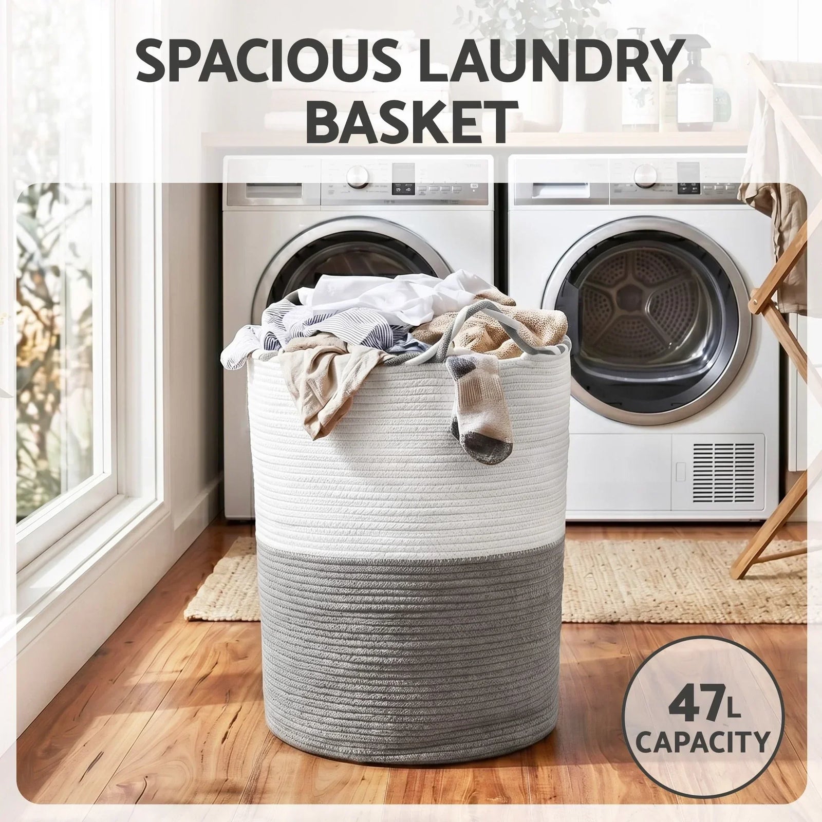 Cotton Rope Laundry Basket 47L – Foldable White & Grey with Handles