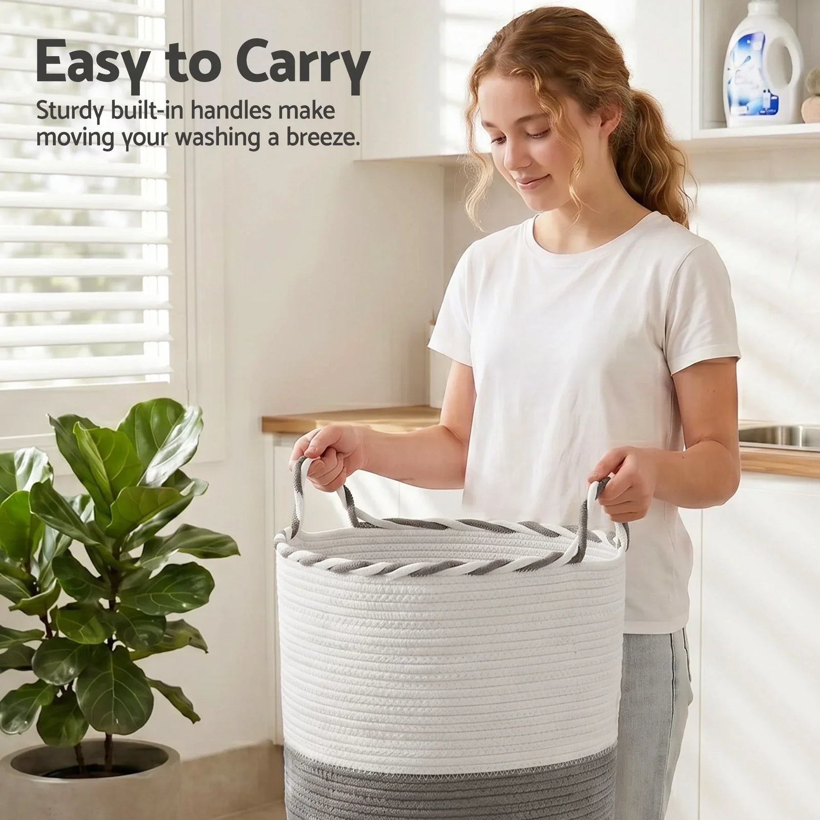 Cotton Rope Laundry Basket 47L – Foldable White & Grey with Handles