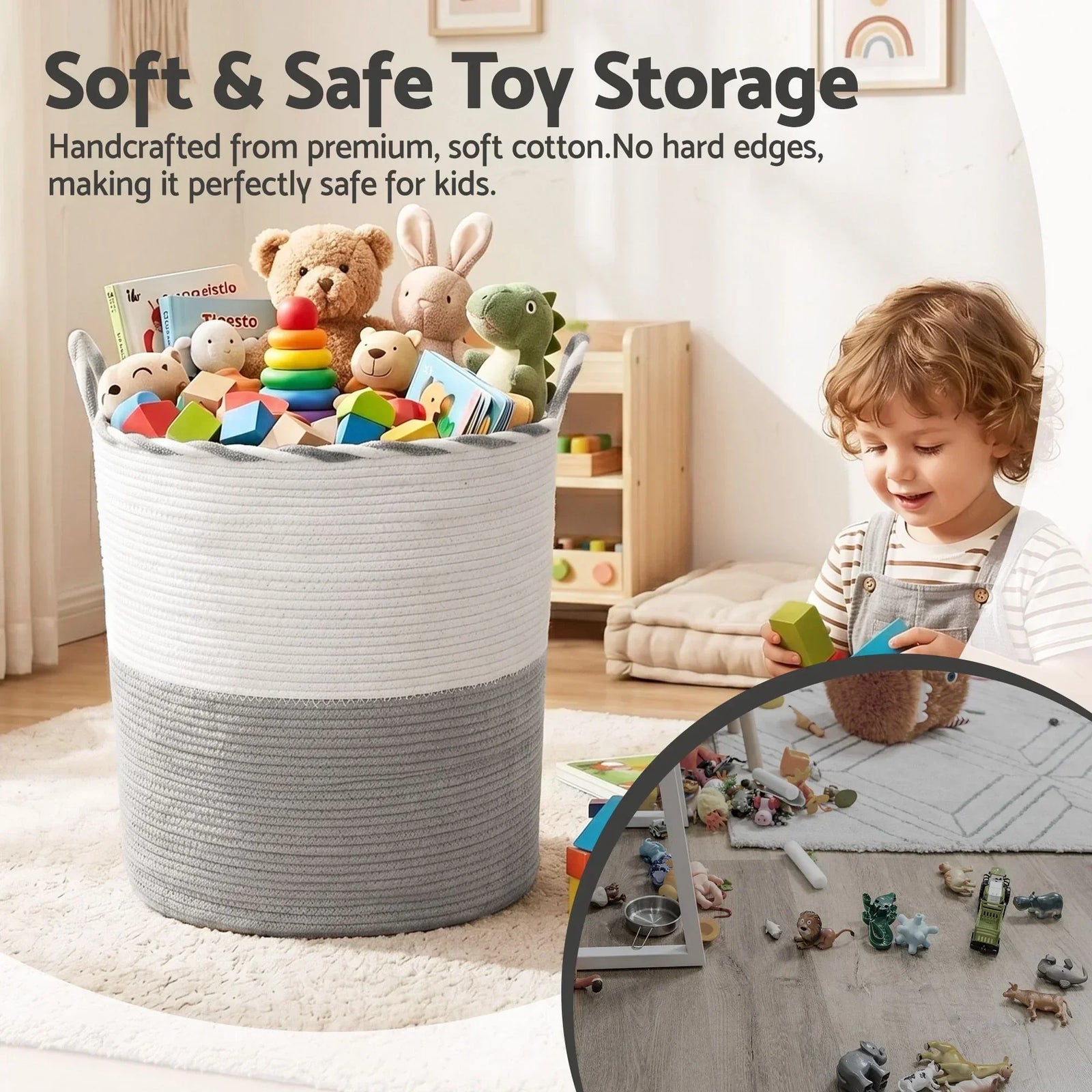 Cotton Rope Laundry Basket 47L – Foldable White & Grey with Handles