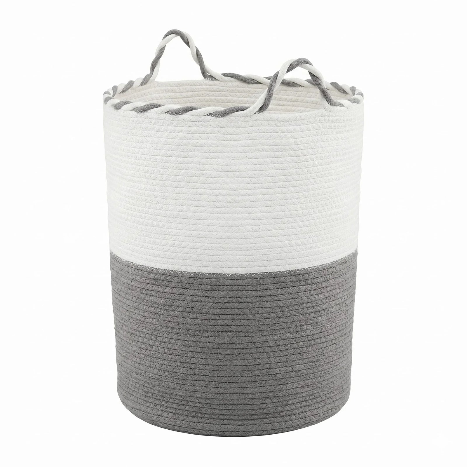 Cotton Rope Laundry Basket 47L – Foldable White & Grey with Handles